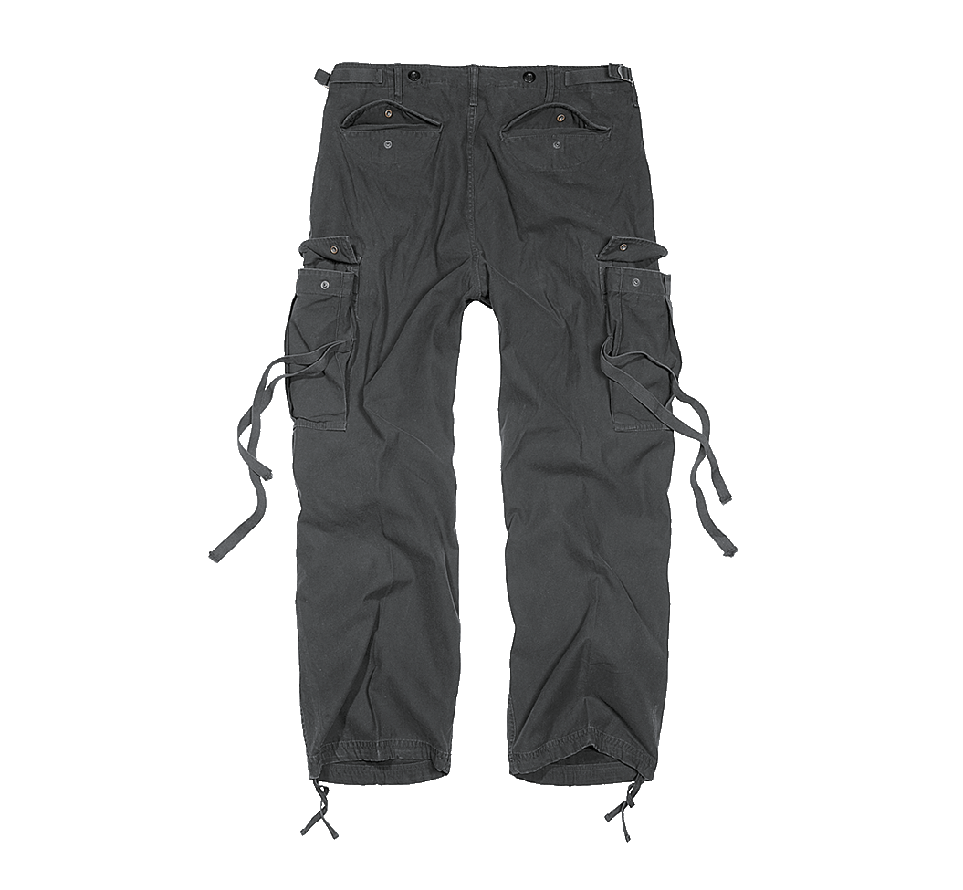 Rückansicht einer robusten Brandit Cargo-Hose in Schwarz mit Gesäßtaschen im Vintage-Look.