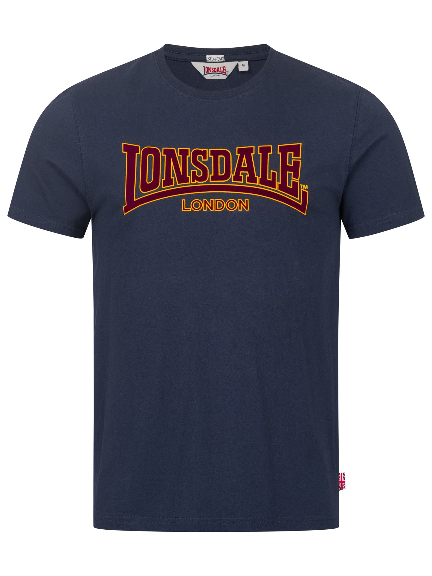 Sportliches Lonsdale London Classic T-Shirt für Herren in Navy Blau aus 100% Baumwolle mit rot-gelbem Logo-Frontdruck.