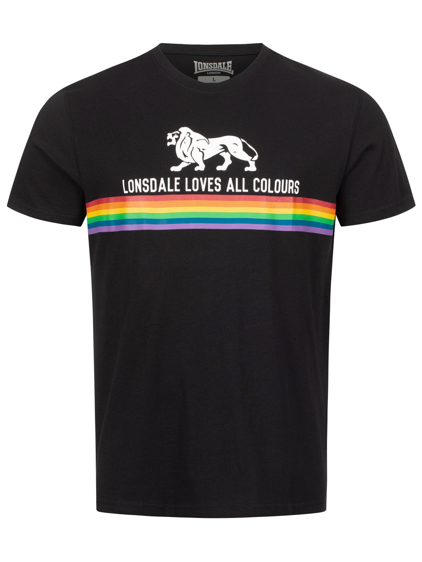 Schwarzes Lonsdale T-Shirt mit buntem Logo-Druck in Regenbogenoptik