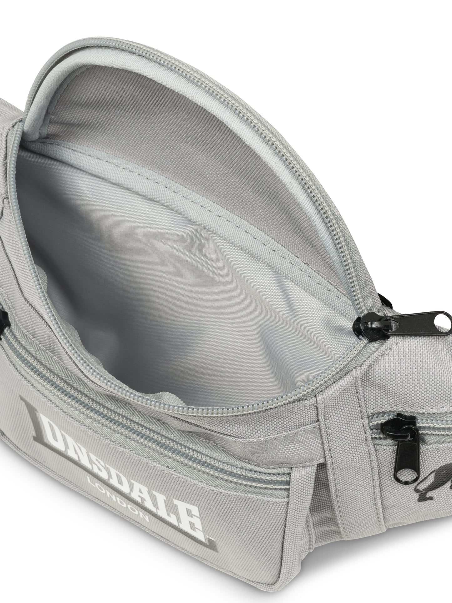 Lonsdale Hip Bag Grau Gürteltasche mit weissem Logo und Reissverschlussfächern.
