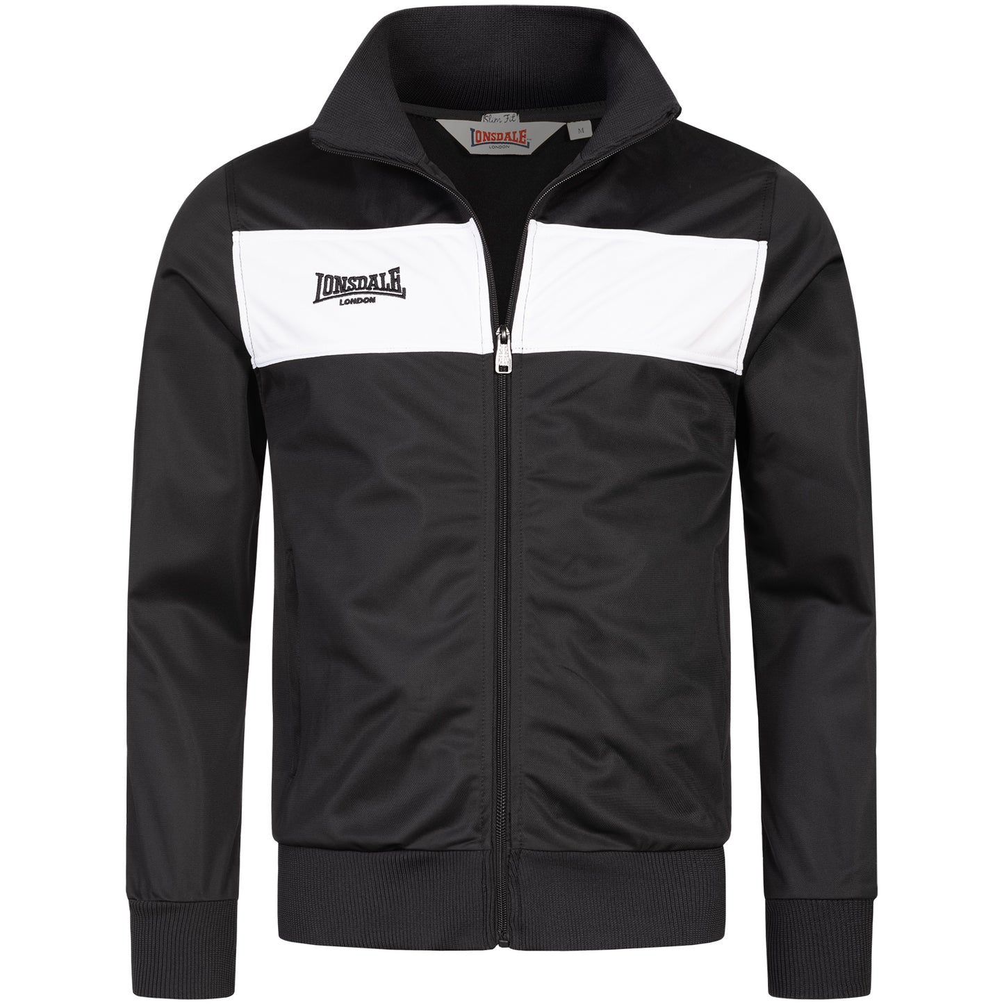 Schwarze Lonsdale Trainingsjacke für Herren mit Stehkragen und weissem Bruststreifen.