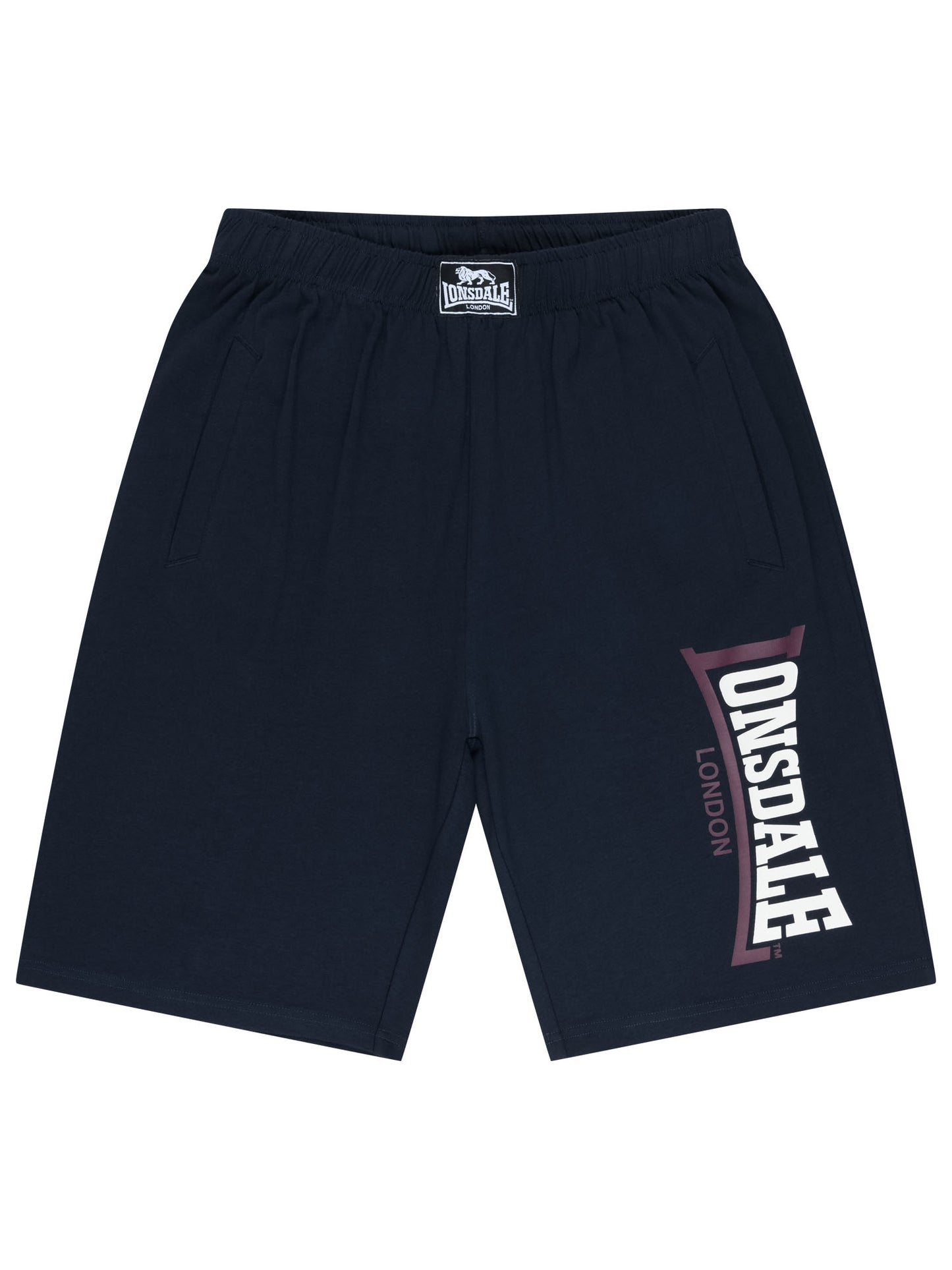 Dunkelblaue Lonsdale Logo Jam Herren-Shorts mit grossem Logo-Druck auf dem linken Hosenbein.