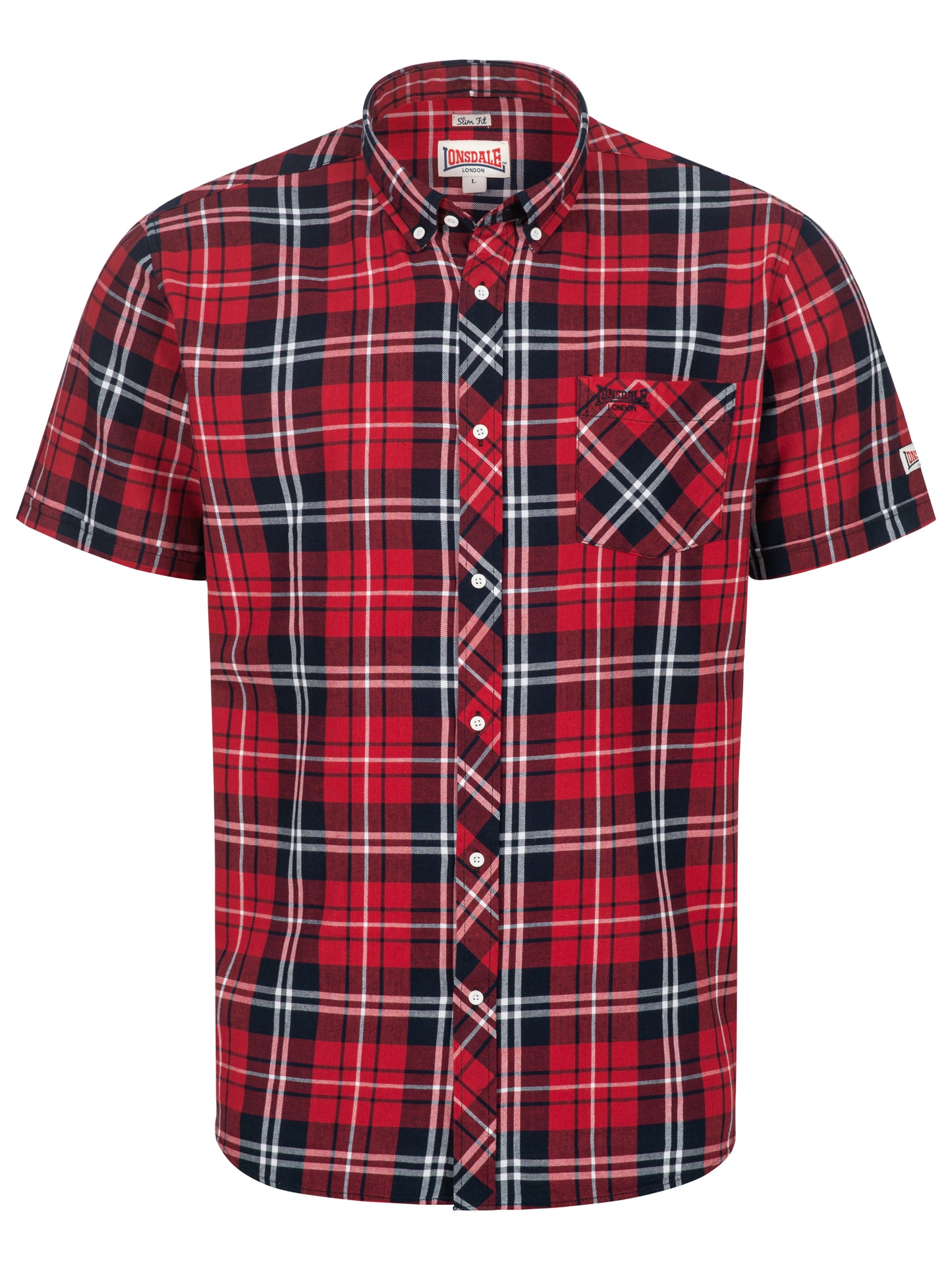 Lonsdale Brixworth Hemd Rot-Dunkelblau kariert, Slim Fit Kurzarmhemd für Herren mit Button-Down-Kragen.