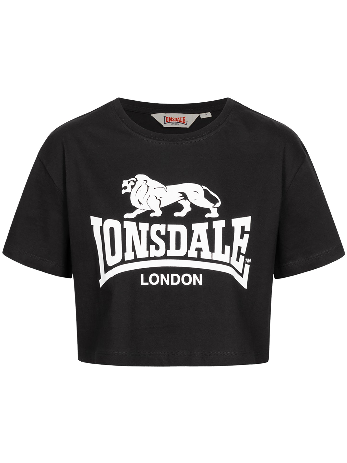 Schwarzes Lonsdale London Damen T-Shirt mit grossem weissem Logo-Print auf der Brust.