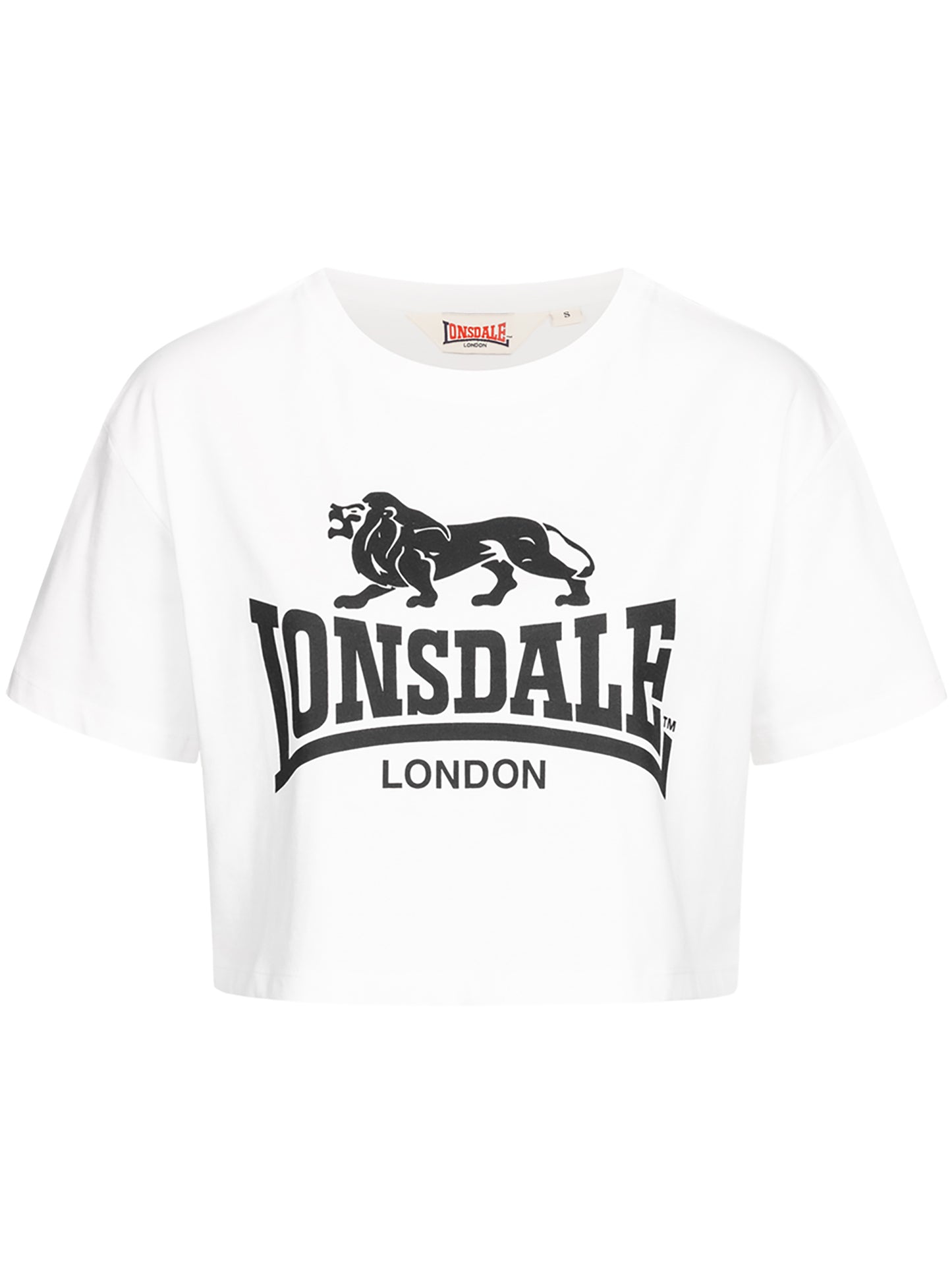 Weisses Lonsdale London Damen T-Shirt mit grossem schwarzen Logo-Print auf der Brust.