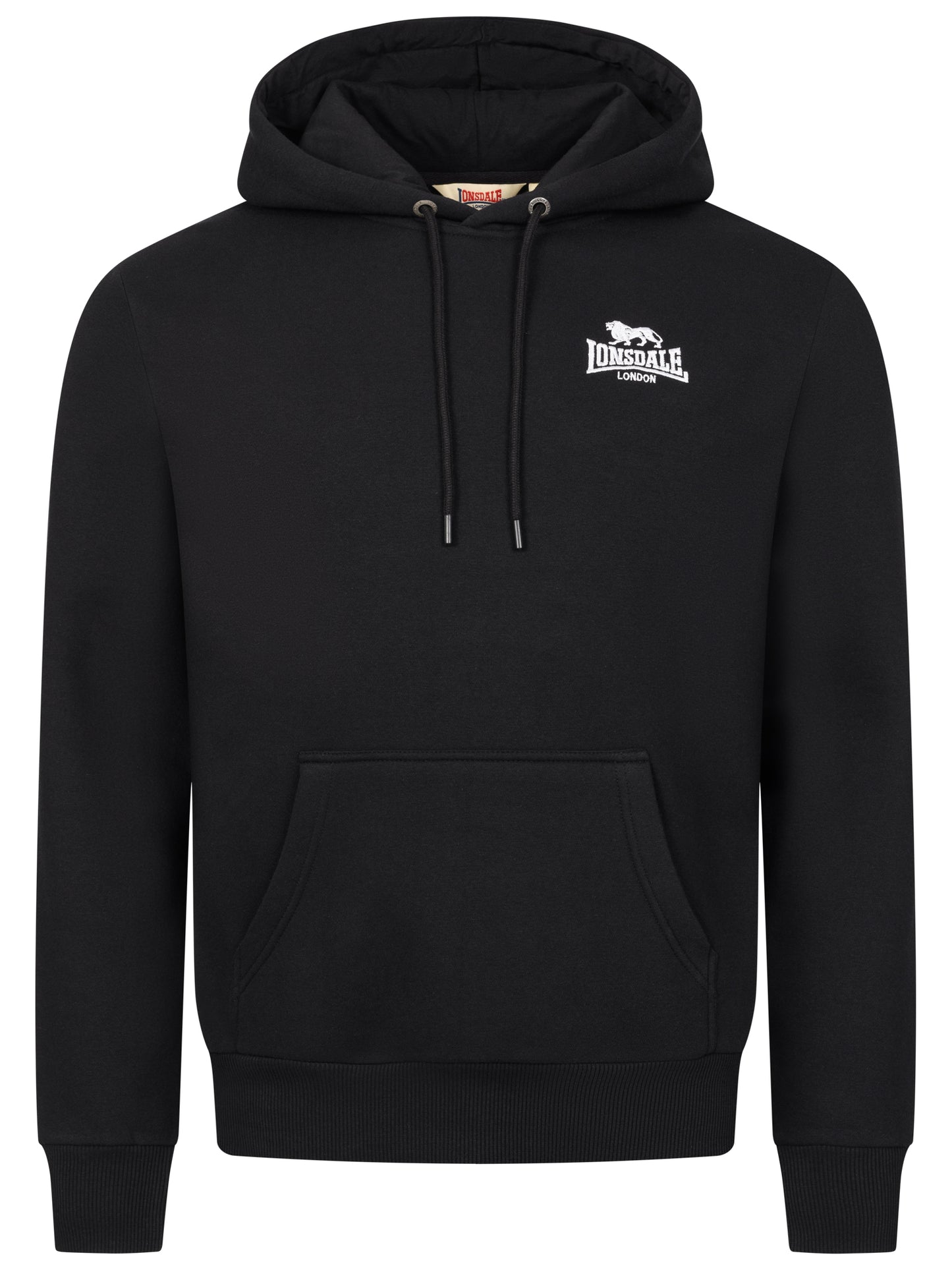 Schwarzer Lonsdale Talmine Kapuzenpullover mit Kängurutasche und verstellbarem Kordelzug an der Kapuze. Klassisches Design mit dezentem Lonsdale-Logo auf der Brust