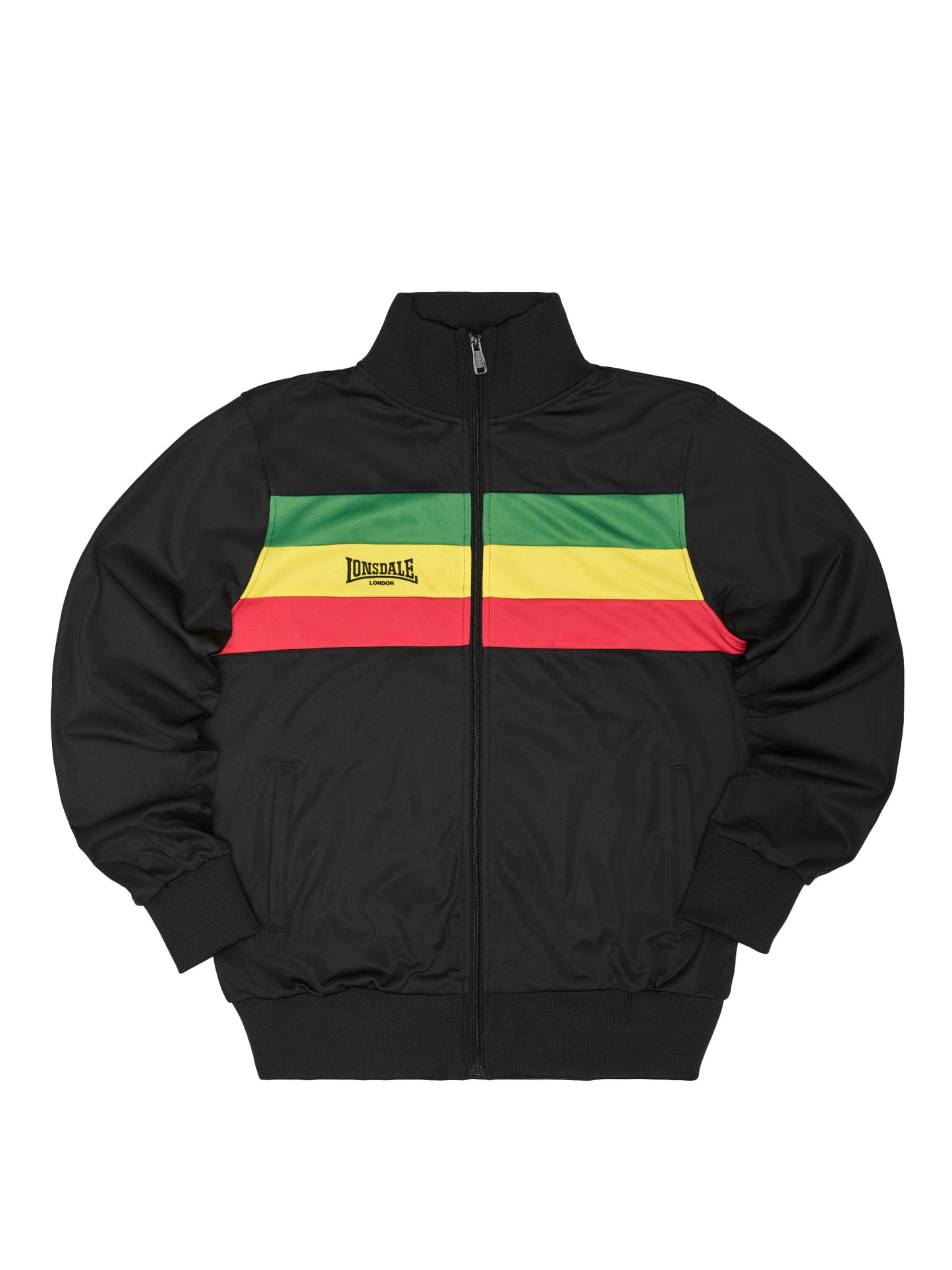 Lonsdale Herren Trainingsjacke Slim Fit, schwarz mit Regenbogen-Bruststreifen, Logo-Stickerei und Stehkragen.