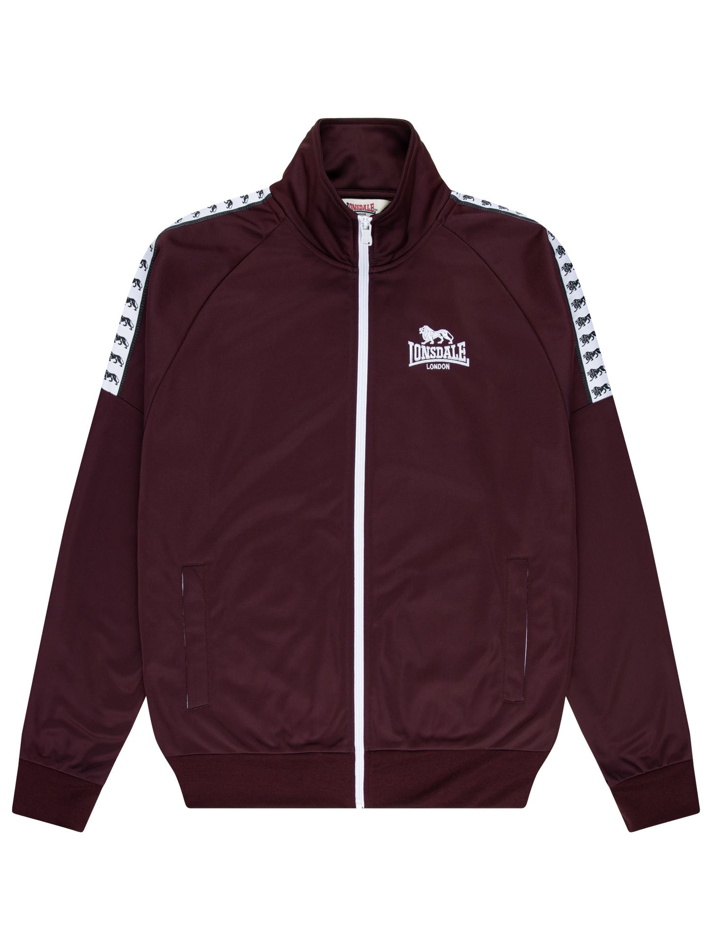 Weinrote Lonsdale Herren-Trainingsjacke in Oxblood-Rot mit weissem Reissverschluss und Logo-Stickerei, Vorderansicht.