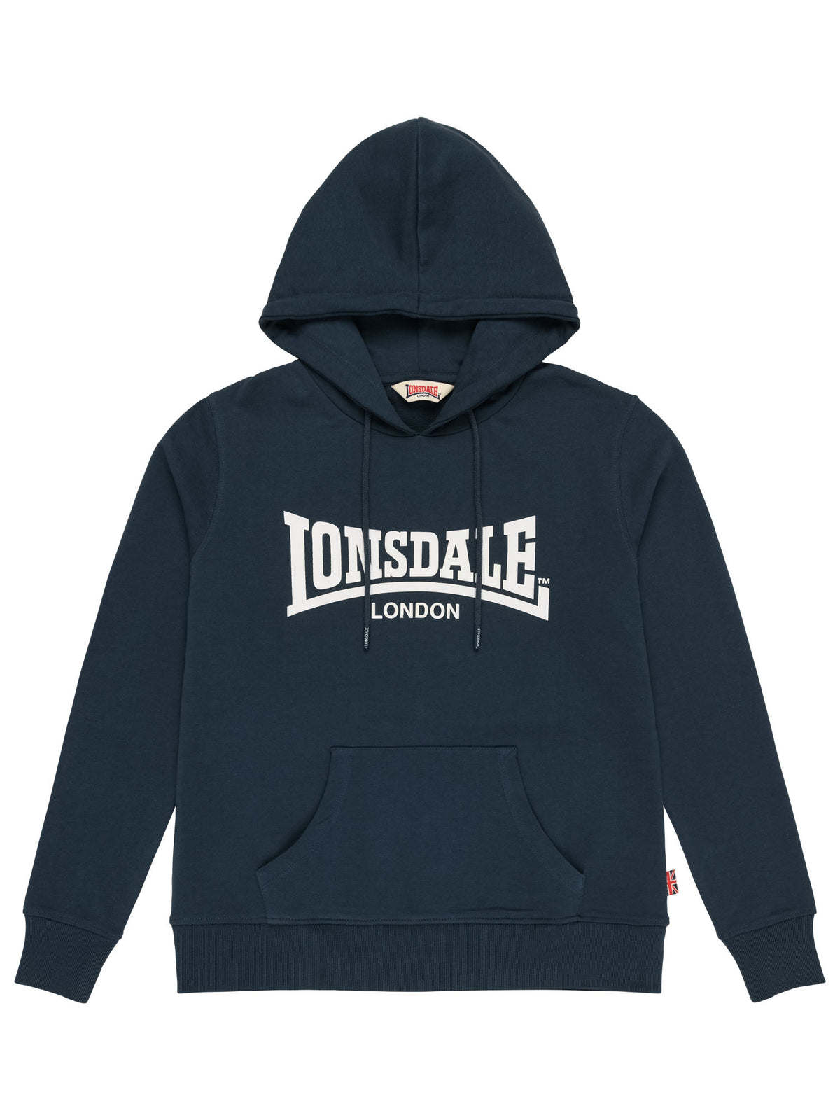 Dunkelblaues Lonsdale Damen-Kapuzensweatshirt mit weissem Logo-Aufdruck und Kaengurutasche.