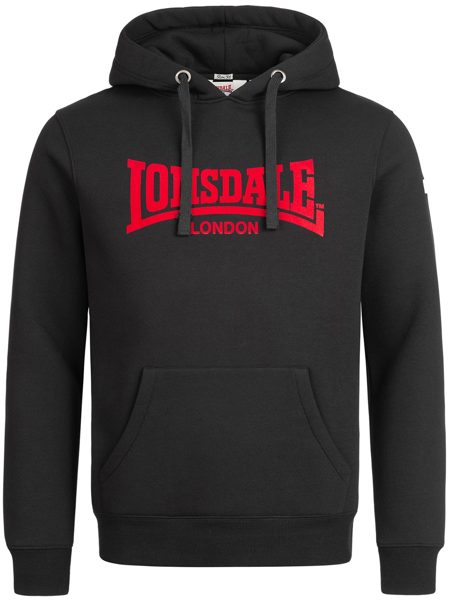 Lonsdale 117031 Herren Kapuzensweatshirt in Schwarz, Slim Fit Passform mit Logo-Flockdruck und Kängurutasche.