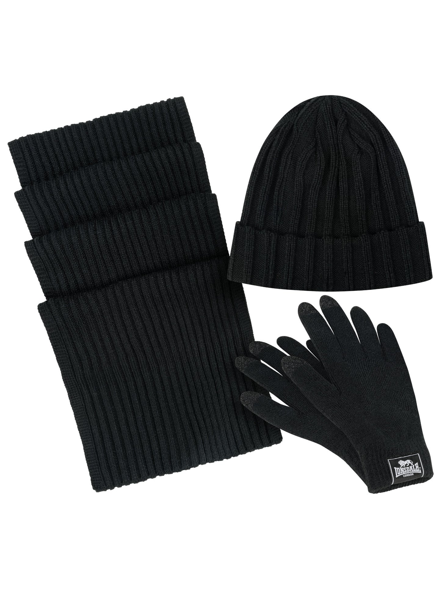 Lonsdale 117042 Acomb Unisex Set Mütze Schal & Handschuhe Schwarz