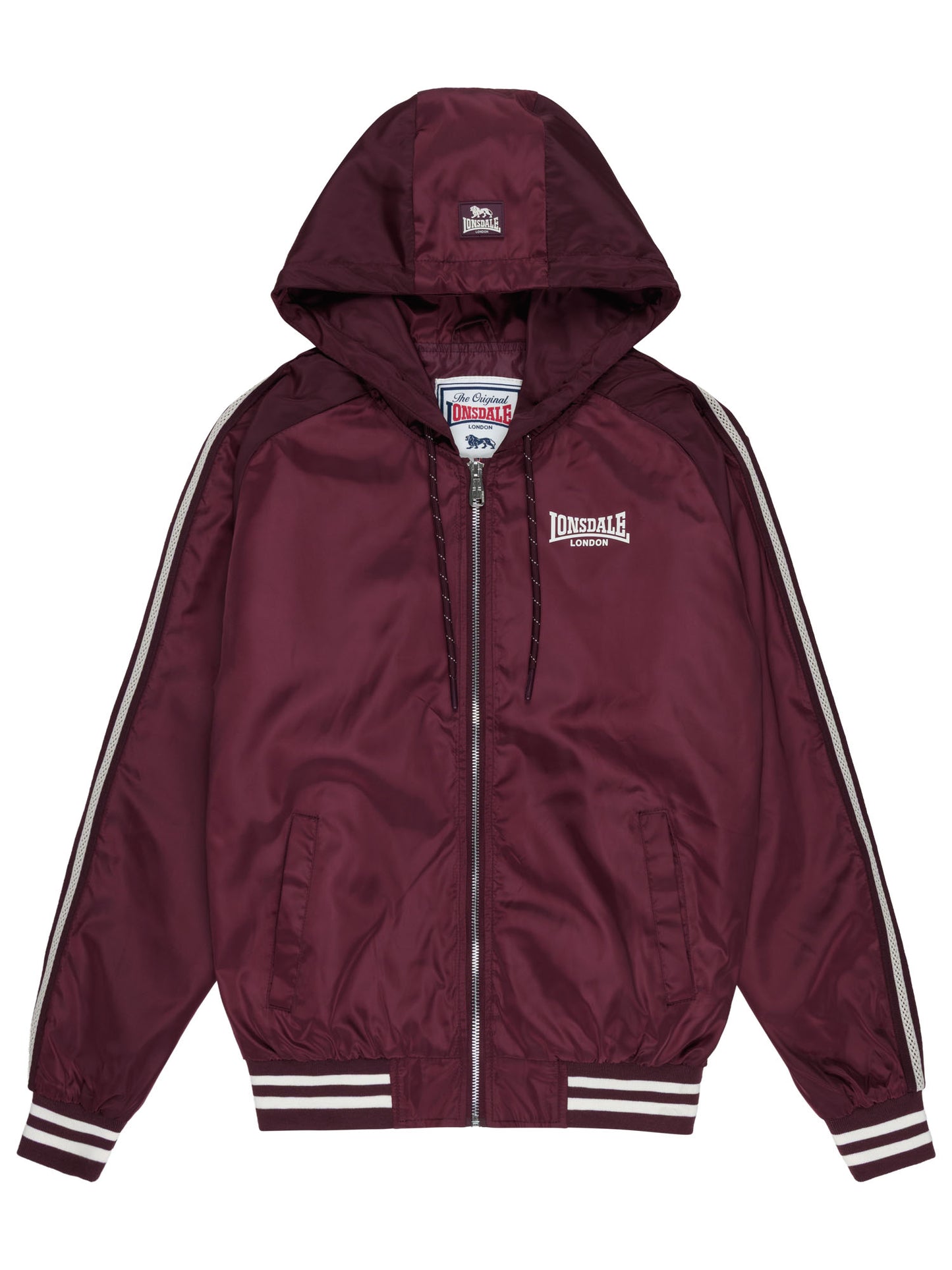 Lonsdale Damen Windjacke in Oxblood mit Kapuze, Reissverschluss und Logo, sportliches Design.