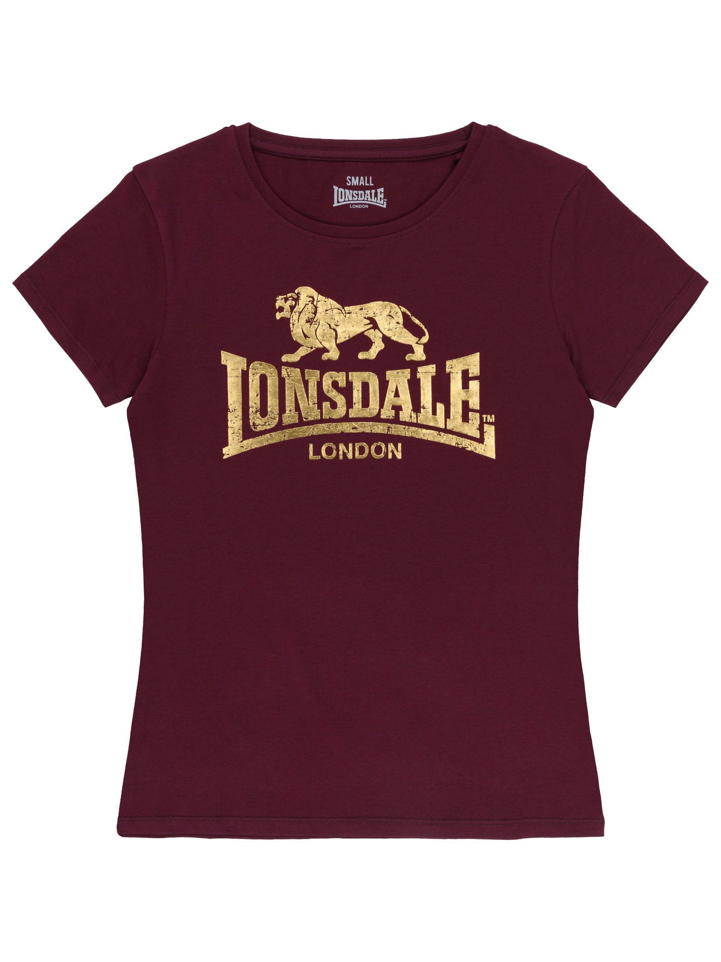 Goldener Lonsdale Logo-Print in Cracked-Optik auf oxblood Jersey-Stoff, Detailansicht.