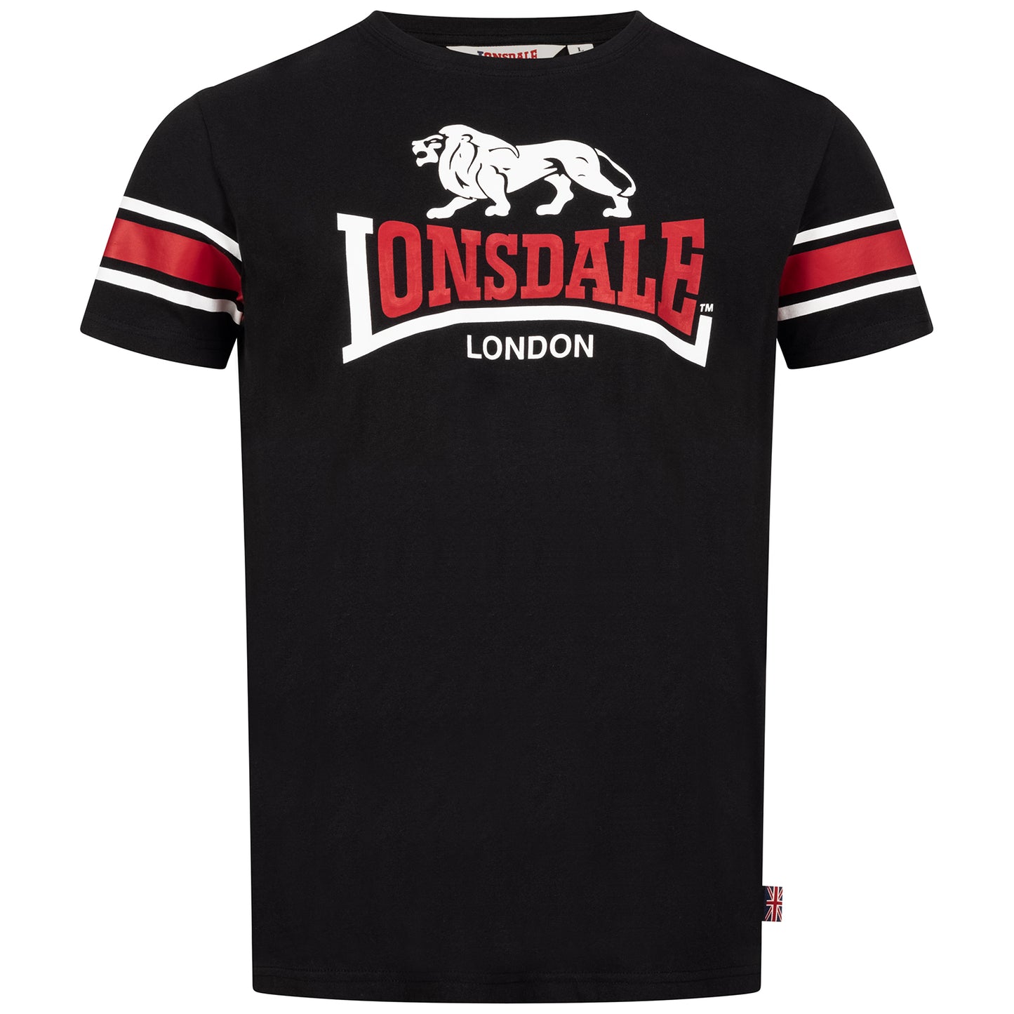 Schwarzes Lonsdale T-Shirt mit Logo-Druck auf der Brust und kontrastierenden Streifen an den Ärmeln.