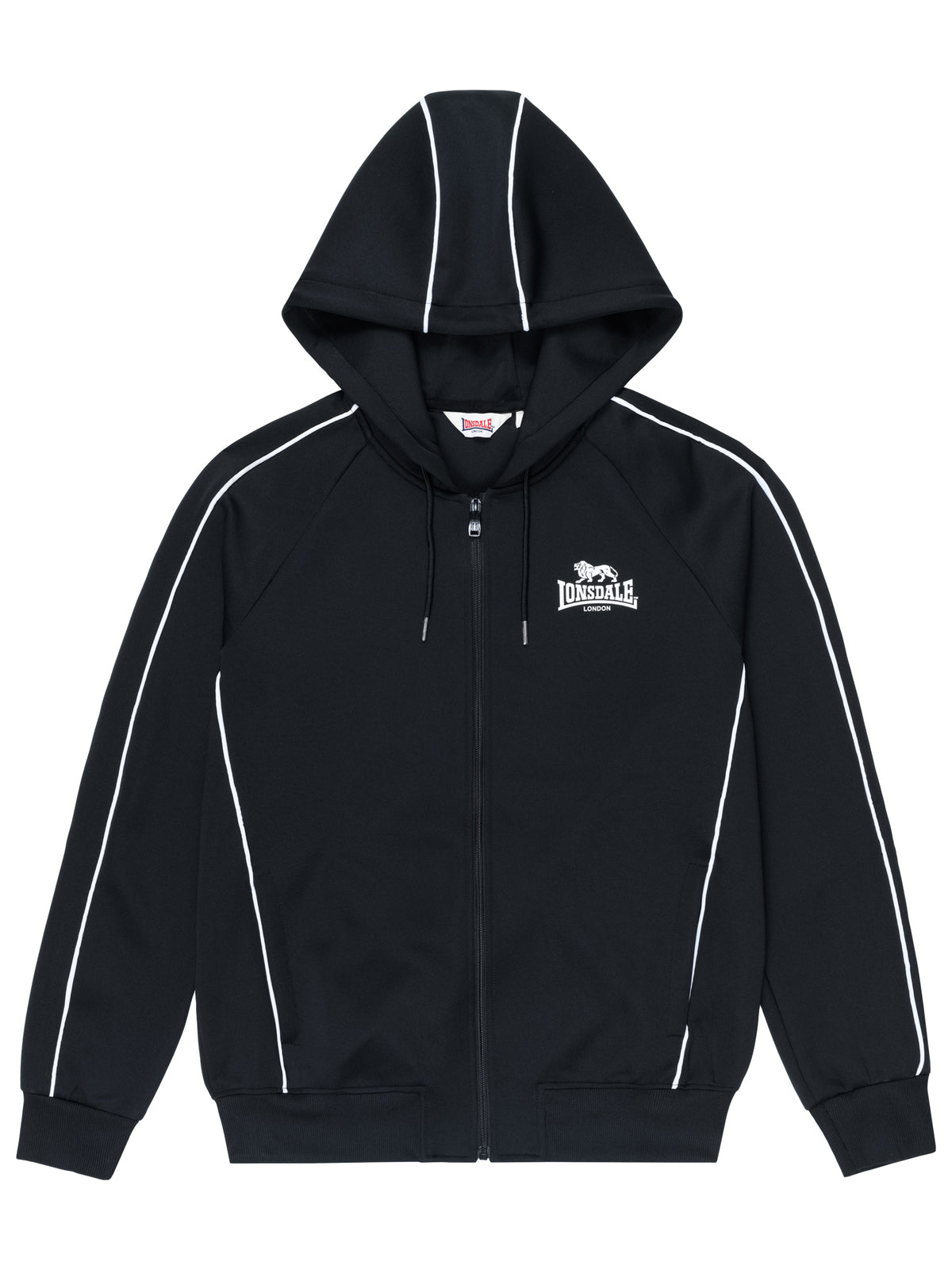 Schwarze Lonsdale Herren-Trainingsjacke mit Reissverschluss, Kapuze und weissem Logo.