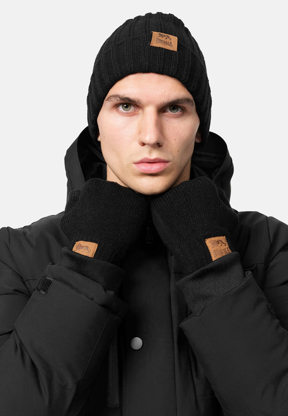 Lonsdale 117517 Deazley Unisex Set Mütze & Handschuhe Schwarz