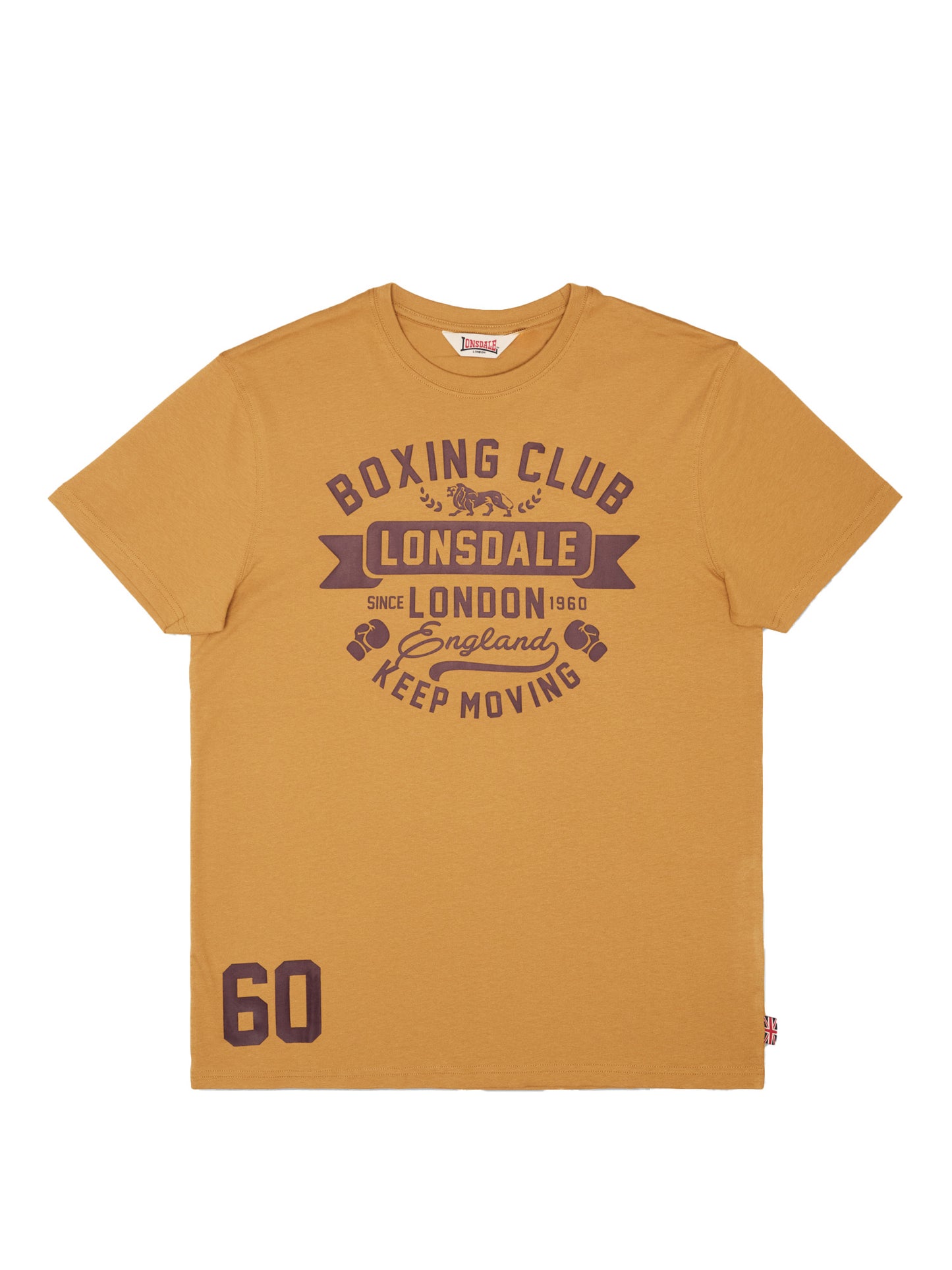 Lonsdale Herren T-Shirt in Ocker mit grossem Vintage-Logo-Print auf der Brust, normale Passform aus Baumwolle.