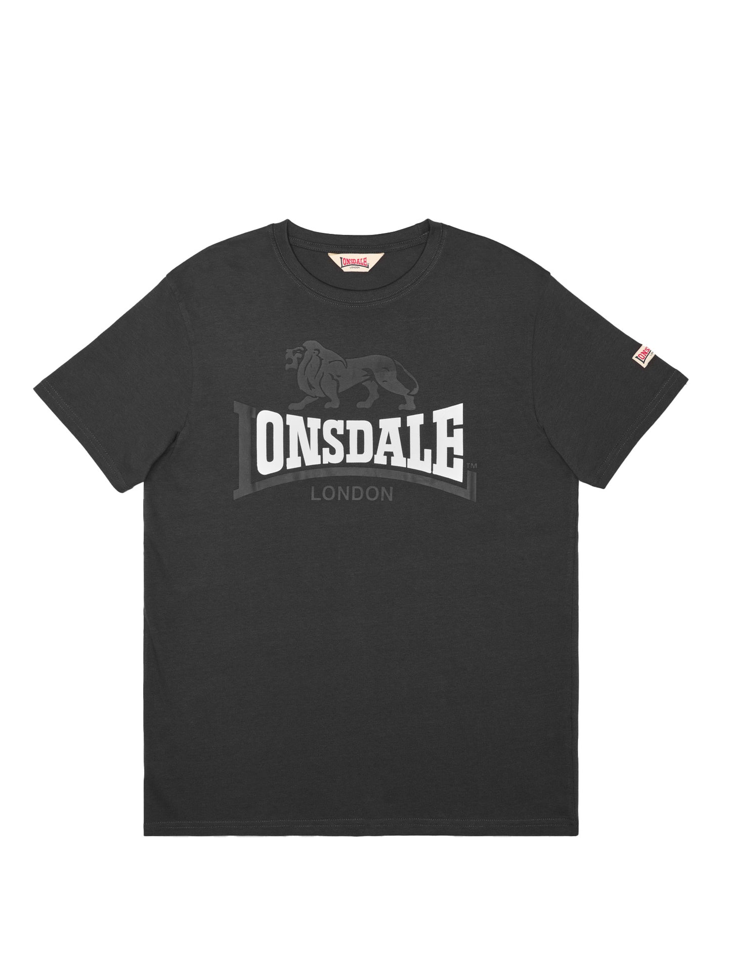 Dunkelblaues Lonsdale Elton Herren-T-Shirt mit weißem Logo-Print und Schulter-Tapes.