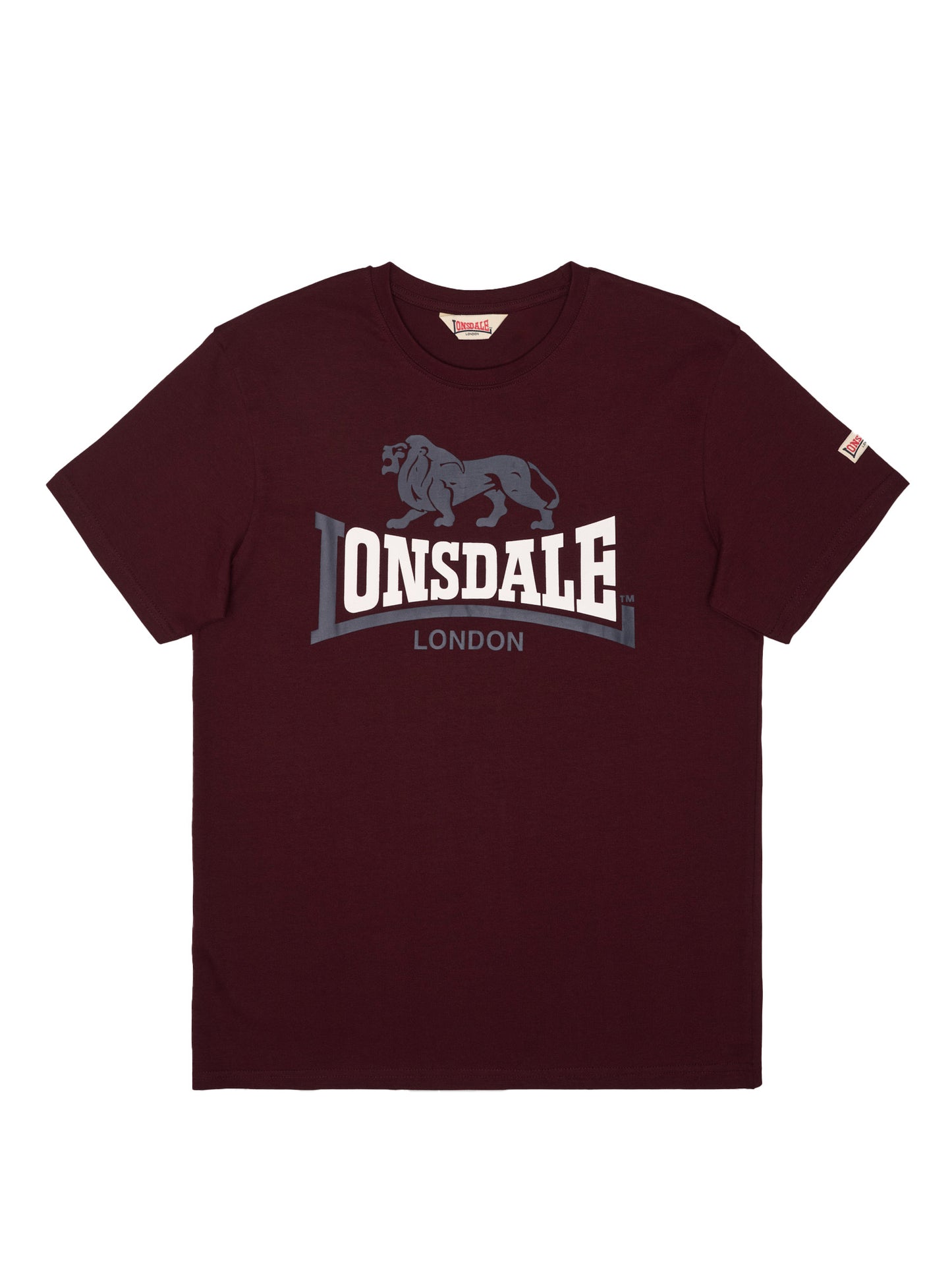 Lonsdale Lion Two Tone Herren T-Shirt Oxblood, normale Passform, mit zweifarbigem Brust-Logo und Ärmel-Label.