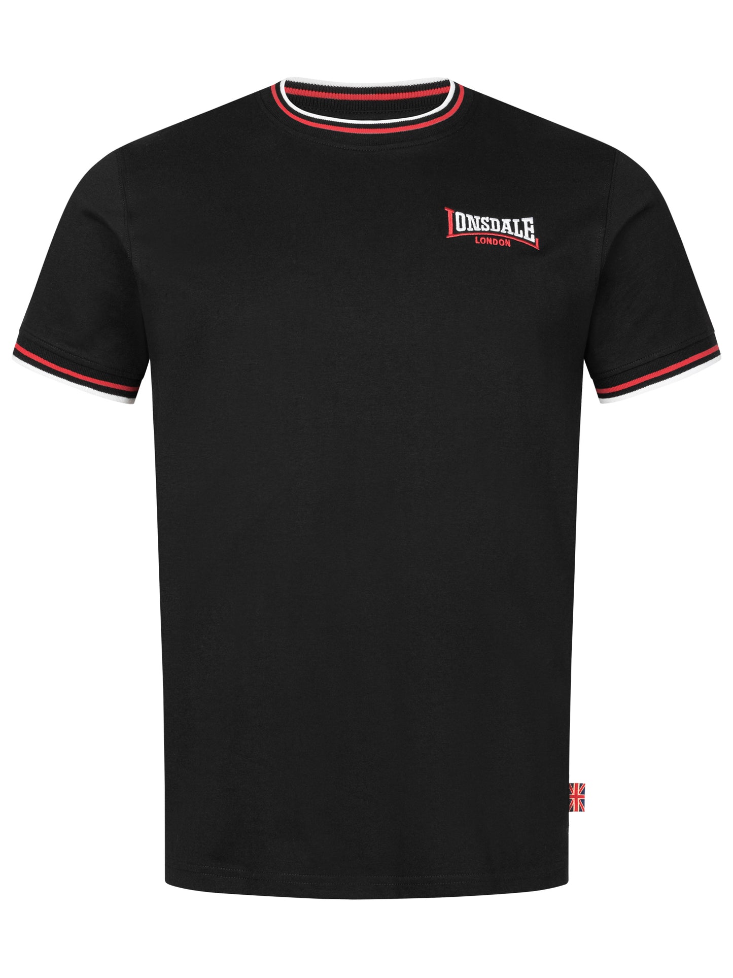 Lonsdale T-Shirt mit Logo-Stickerei auf der Brust, geripptem Rundhalsausschnitt und gestreiften Bündchen an Kragen und Ärmelabschlüssen.