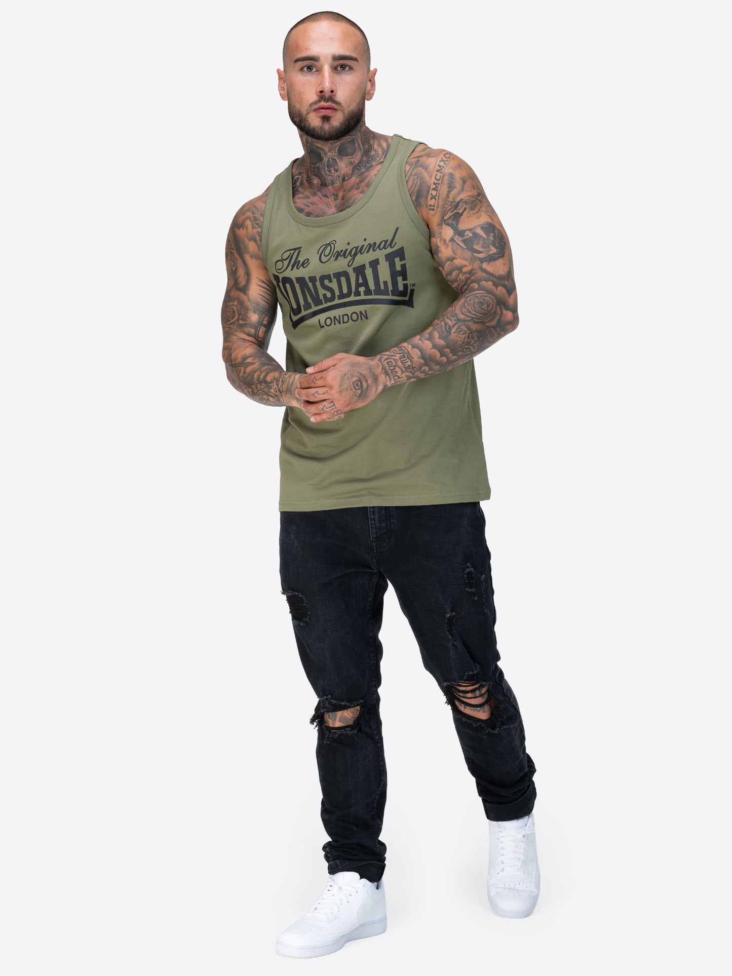 Lonsdale Singlets im Doppelpack in Schwarz und Oliv mit Frontdruck