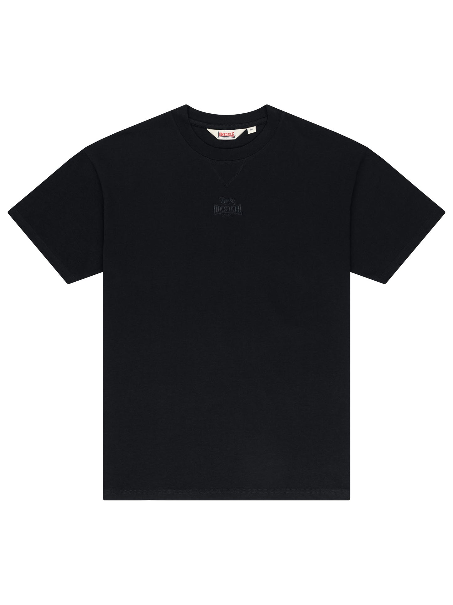 Schwarzes Lonsdale Oversize Herren T-Shirt mit dezenter Ton-in-Ton Logo-Stickerei von vorne.