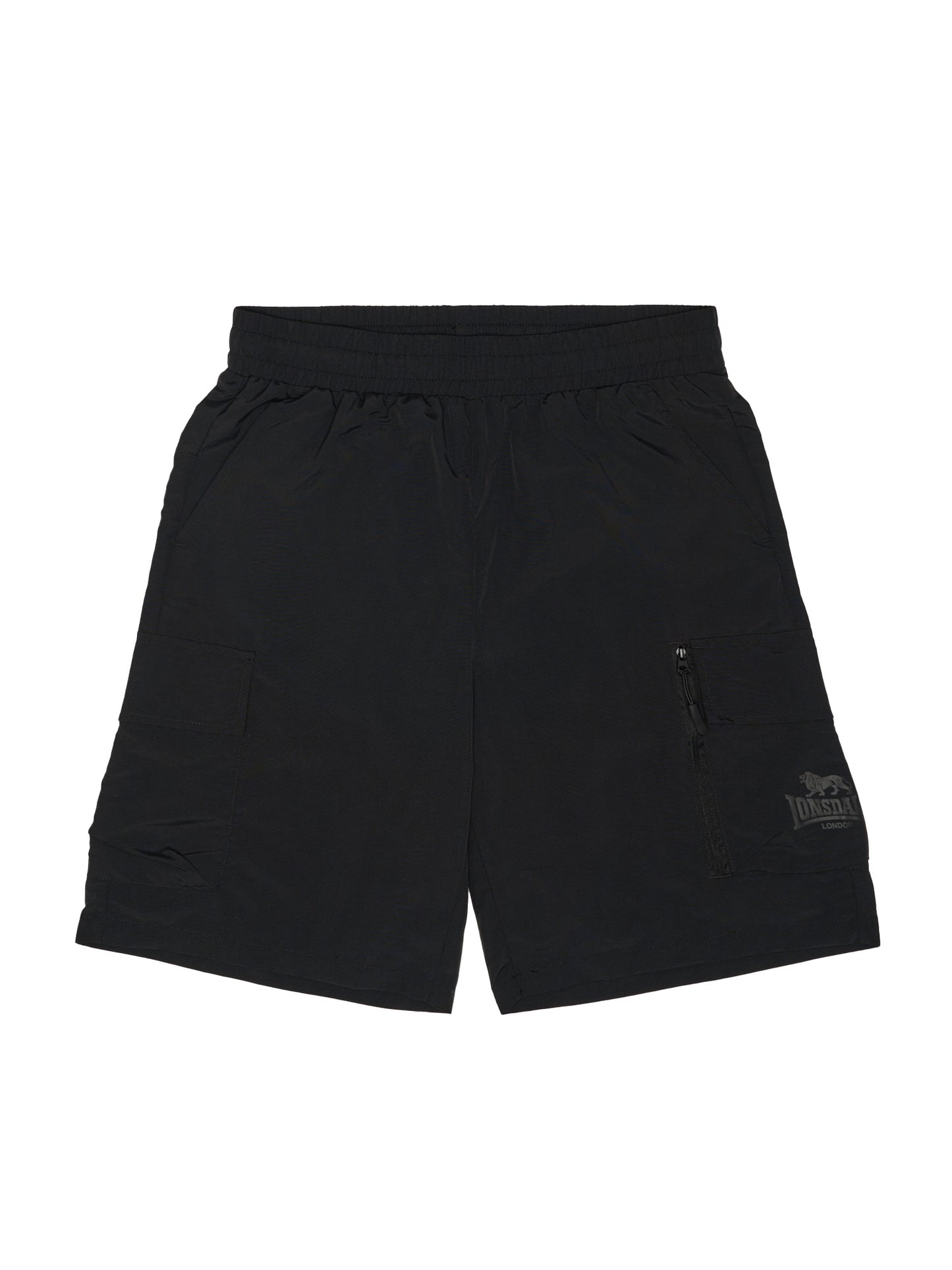Schwarze Lonsdale Herren Cargo-Shorts mit Logo-Print auf der Beintasche.