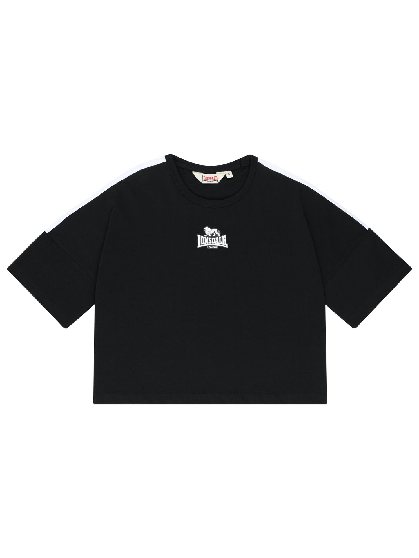 Lonsdale Damen Oversize T-Shirt Schwarz – Cropped Shirt mit weissem Logo-Druck.