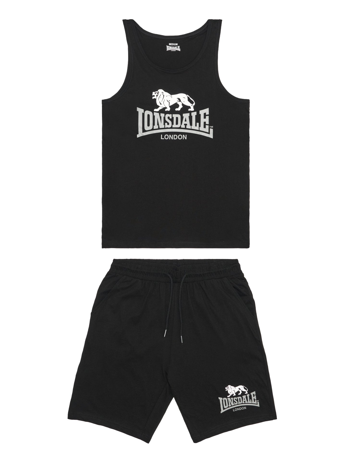 Lonsdale Herren Singlet & Shorts Set in Schwarz, normale Passform mit mehrfarbigem Logo