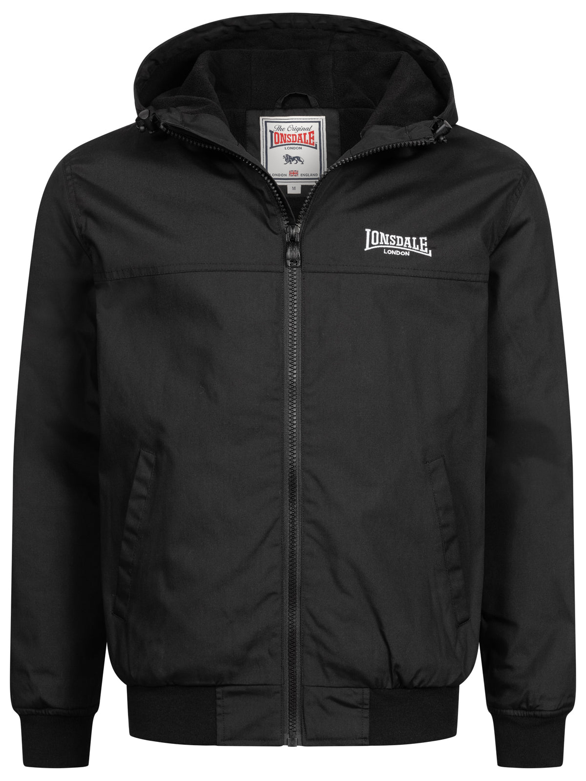 Schwarze Lonsdale Herren-Jacke mit Kapuze und UK-Flagge am Ärmel