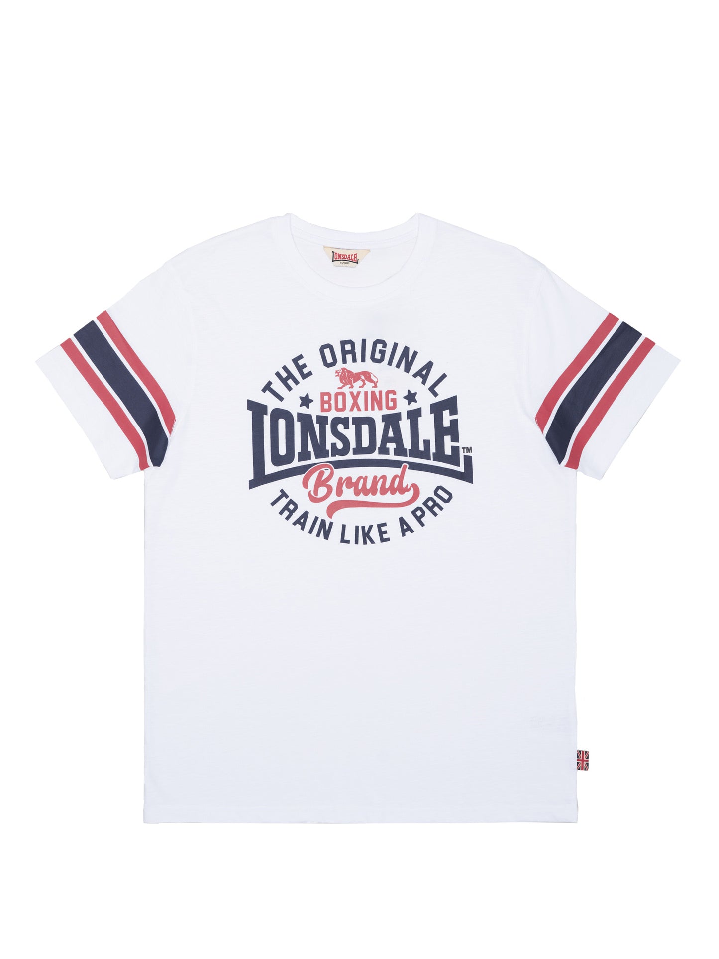 Vorderansicht: Weisses Lonsdale Herren T-Shirt Barton mit Logo-Print und Ärmelstreifen.
