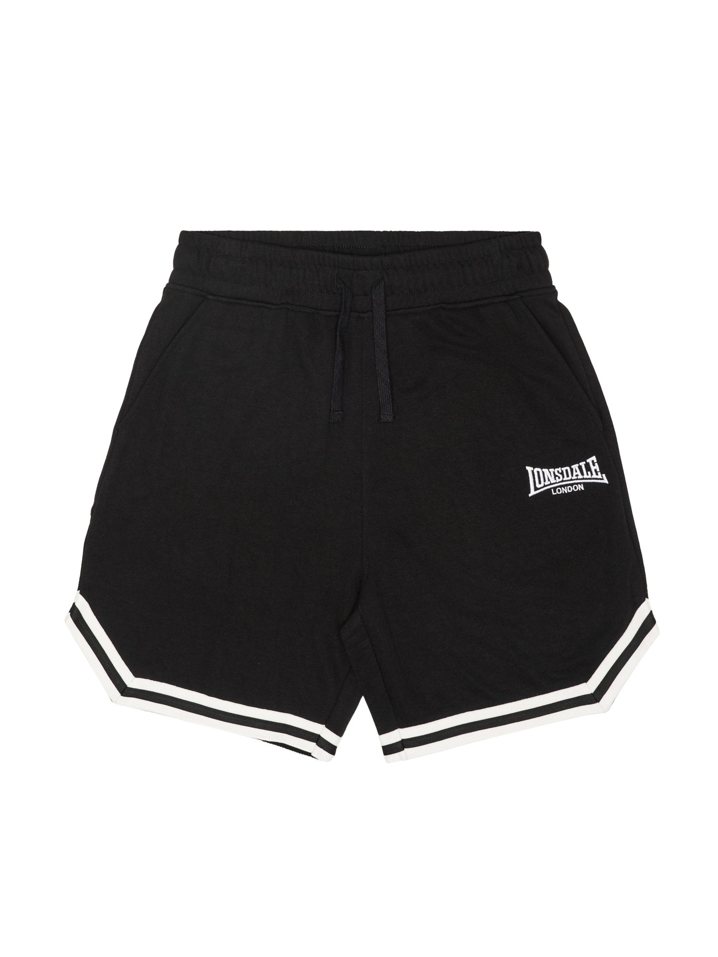 Schwarze Herren-Shorts, Lonsdale-Stickerei, Kordelzug & Kontrastsäume.