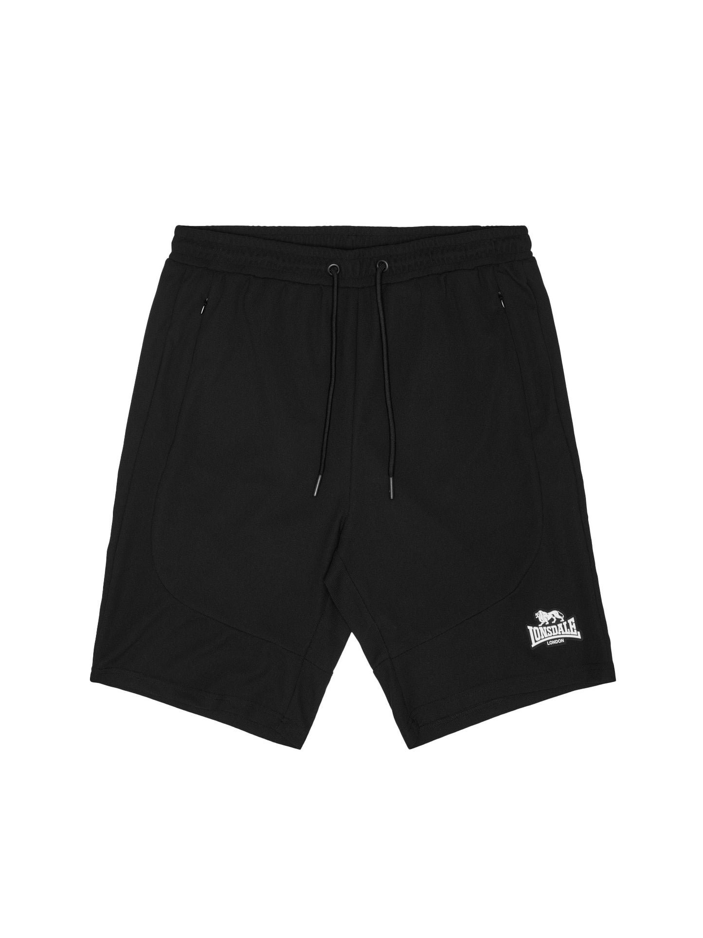 Schwarze Lonsdale Herren Shorts in Frontansicht mit Logo-Badge und Kordelzug am Bund