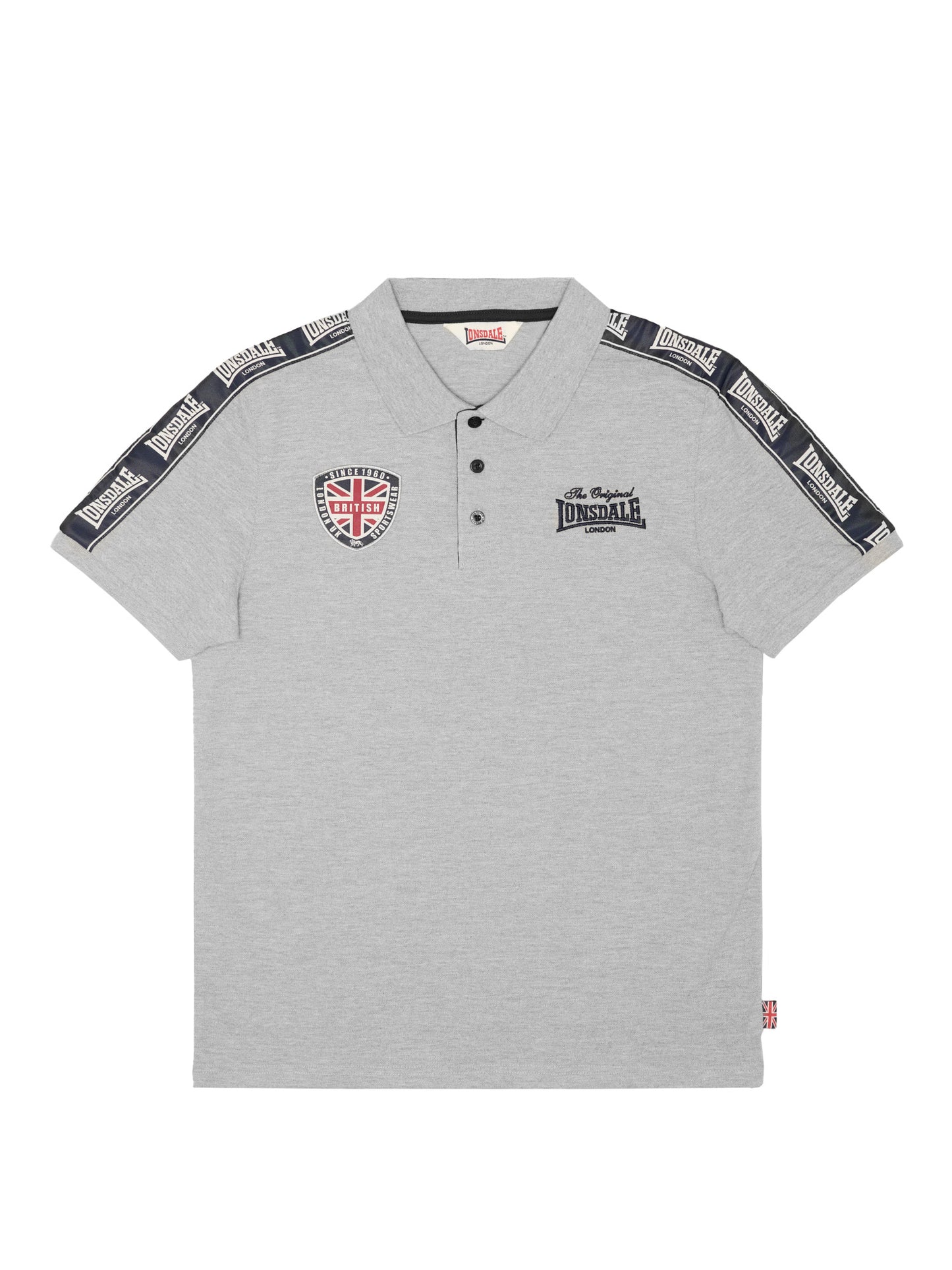 Vorderansicht: Lonsdale Poloshirt in Marl Grey grau meliert mit Regular Fit Passform und Löwenstickerei auf der Brust.