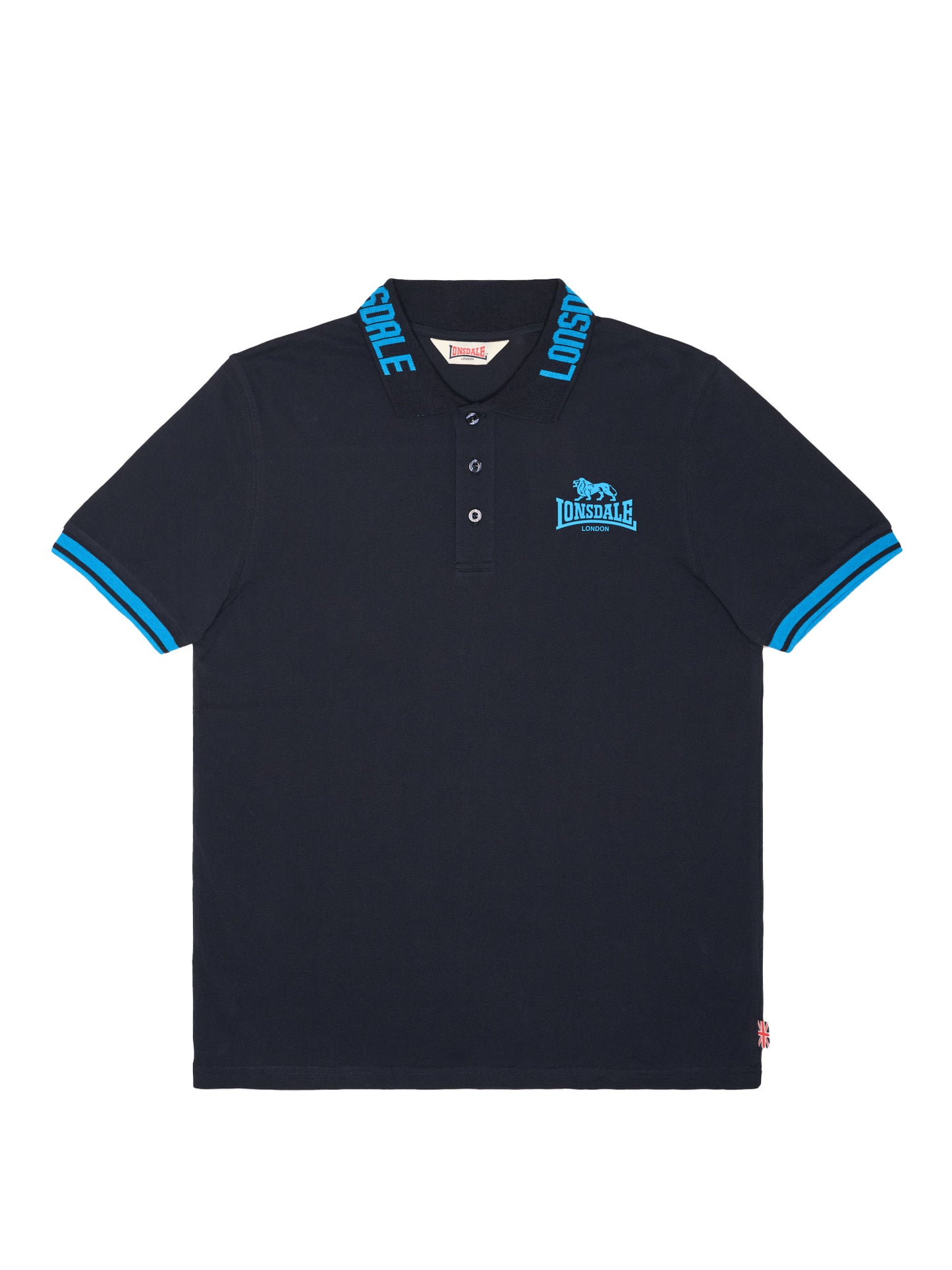 Vorderansicht: Lonsdale Poloshirt in Dark Navy Dunkelblau mit erhabenem Logo auf der Brust und farbiger Knopfleiste.