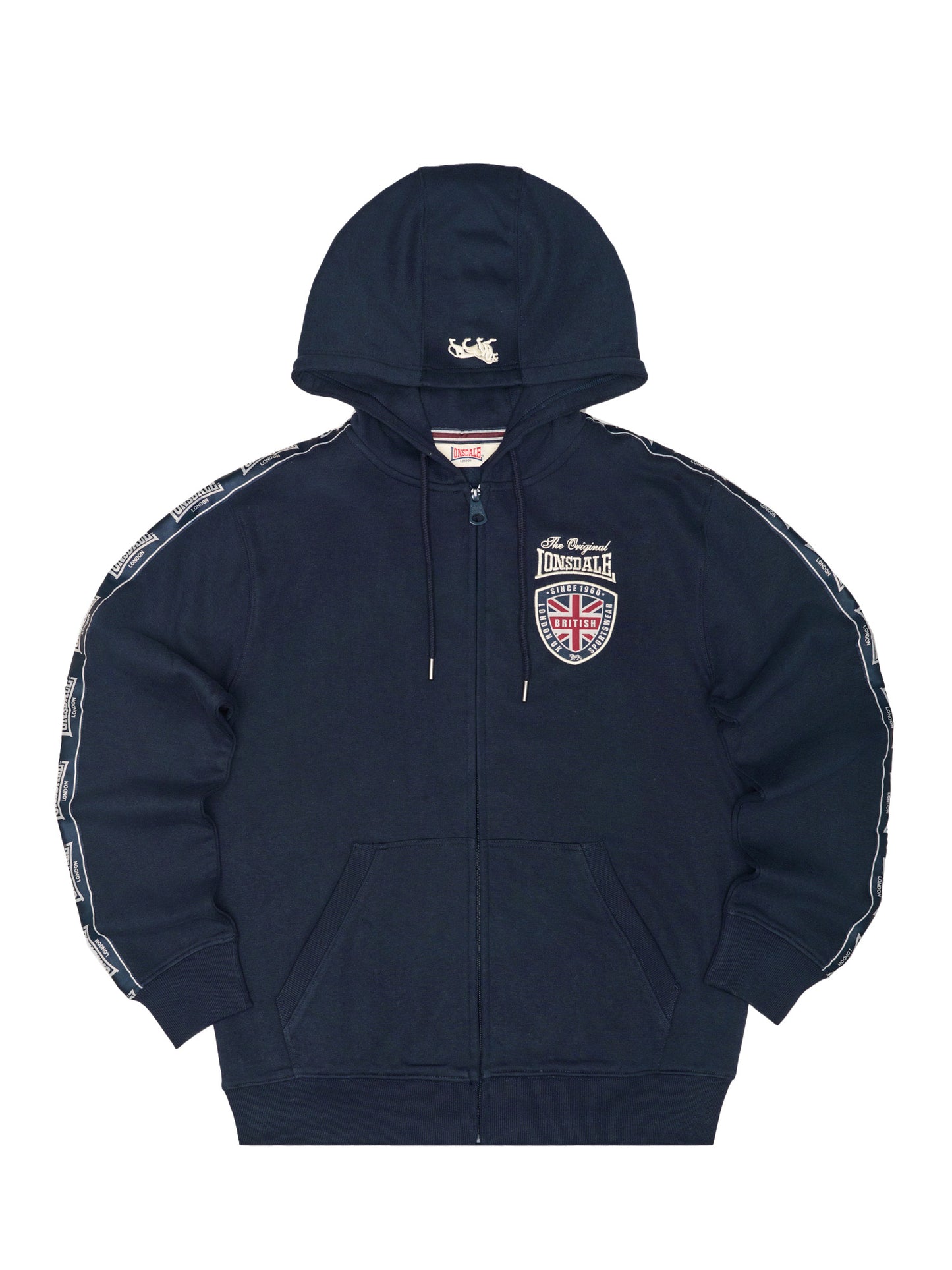 Schwarze Lonsdale Herren Sweatjacke mit roter Logo-Stickerei, Patch auf der Brust und Logo-Tape an den Ärmeln.