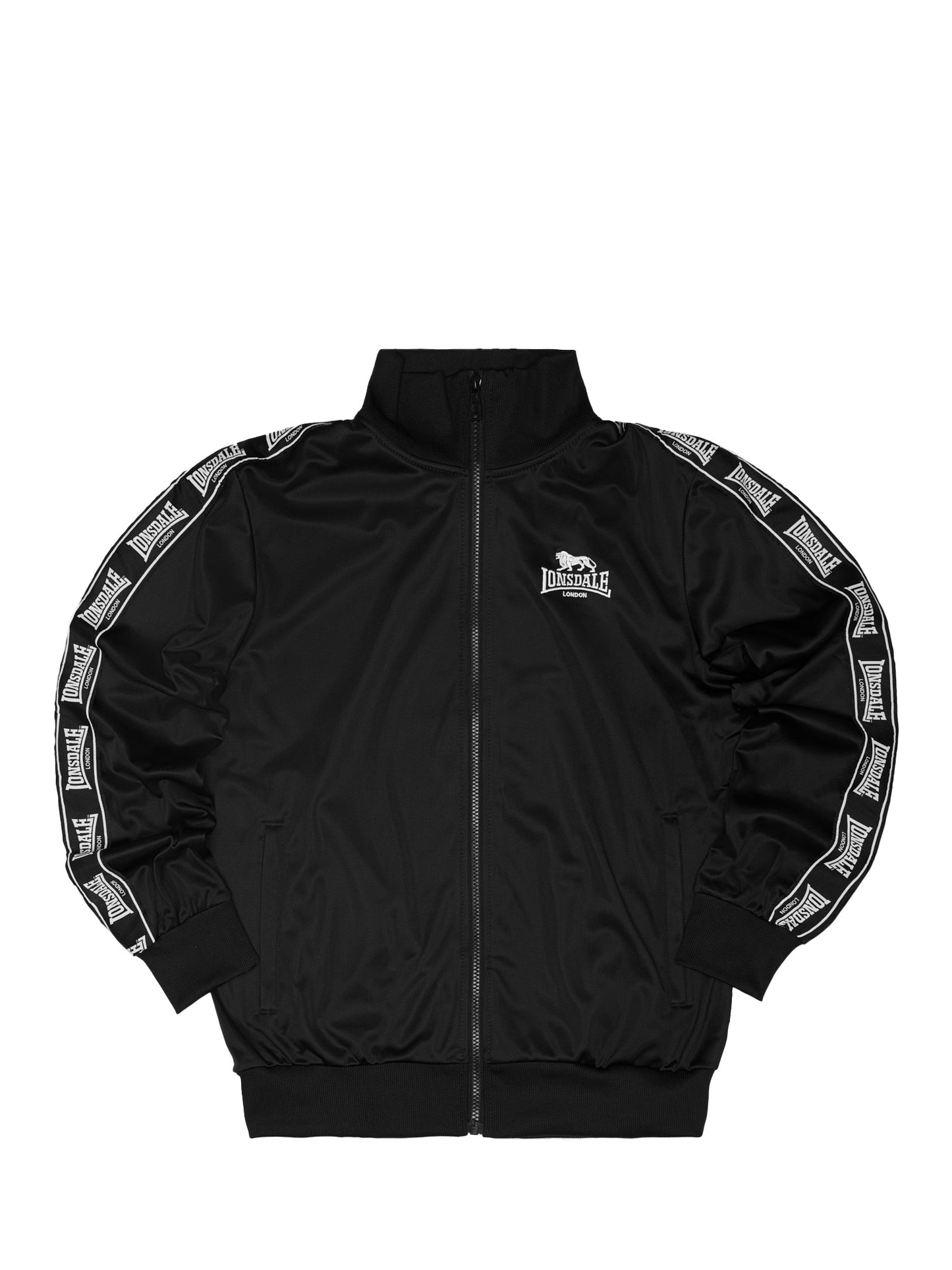 Schwarze Lonsdale Herren-Trainingsjacke mit Logo-Stickerei auf der Brust und durchgehendem Reissverschluss.
