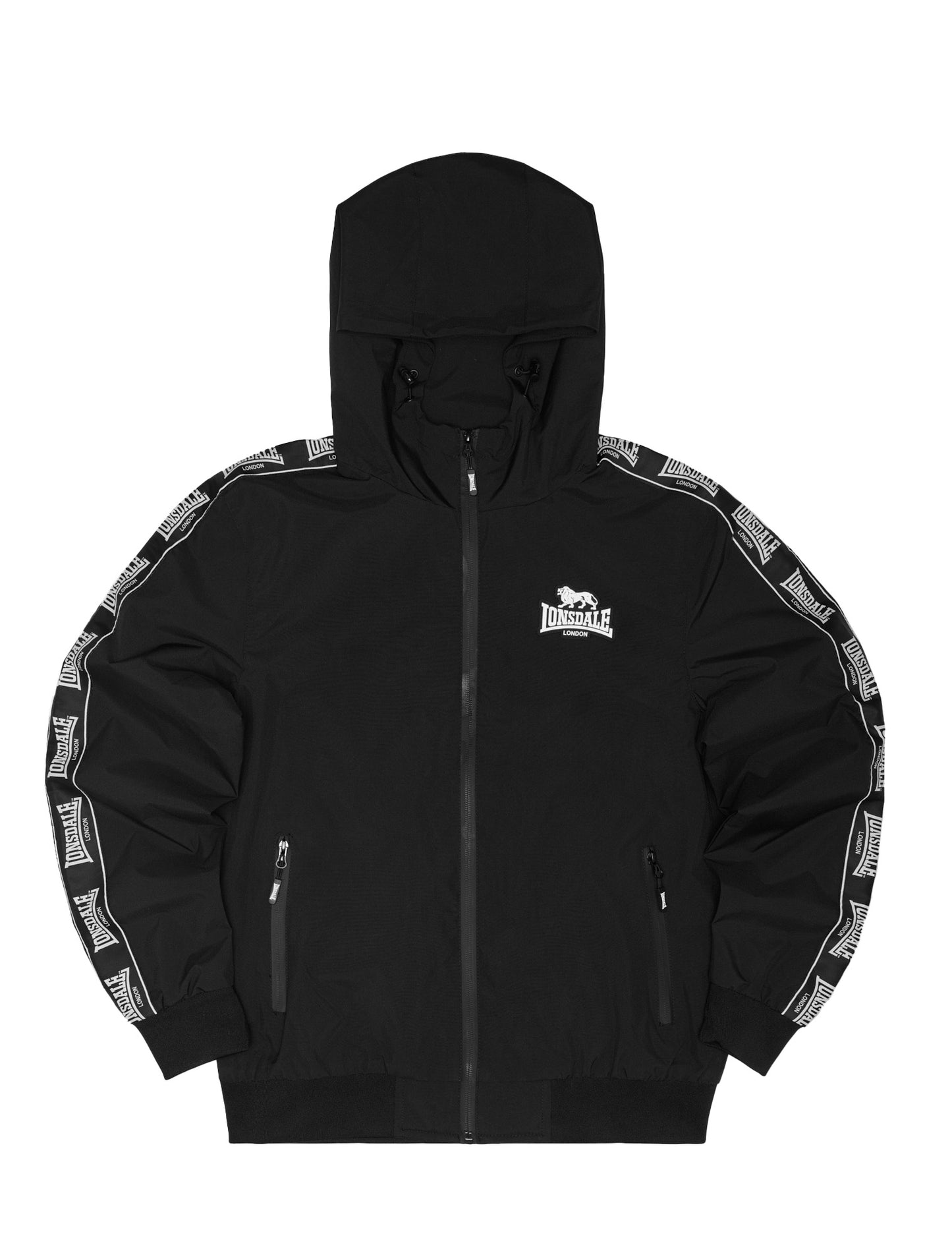 Lonsdale Herren Kapuzenjacke in Schwarz, normale Passform, mit Reissverschluss und Logo-Badge auf der Brust.