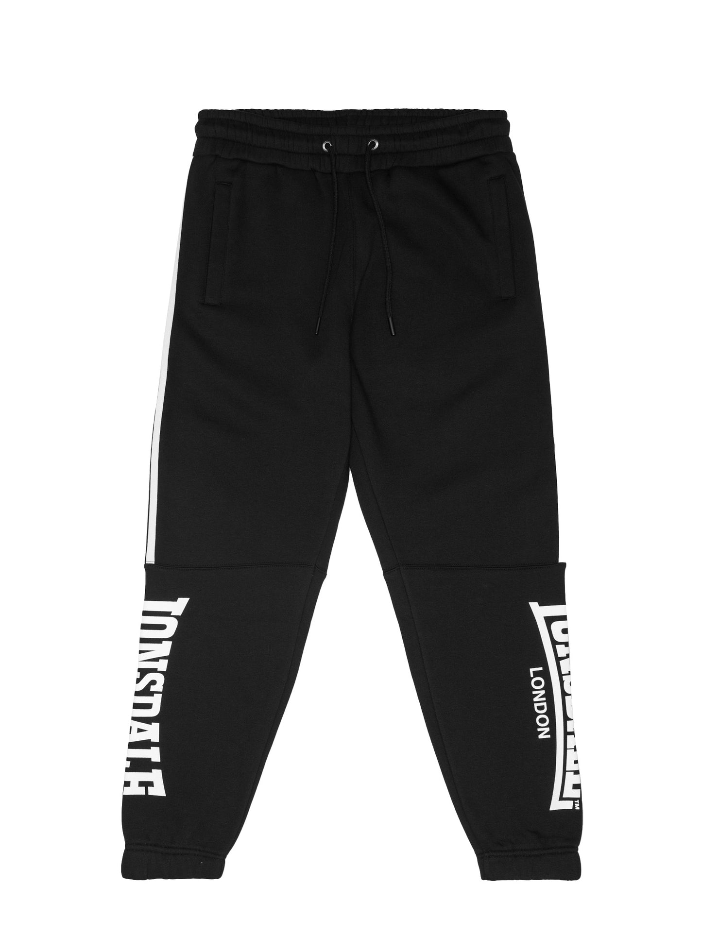 Schwarze Lonsdale Jogginghose für Herren in Regular Fit. Fleece-Stoff mit seitlichen Streifen und markantem Logo-Detail.
