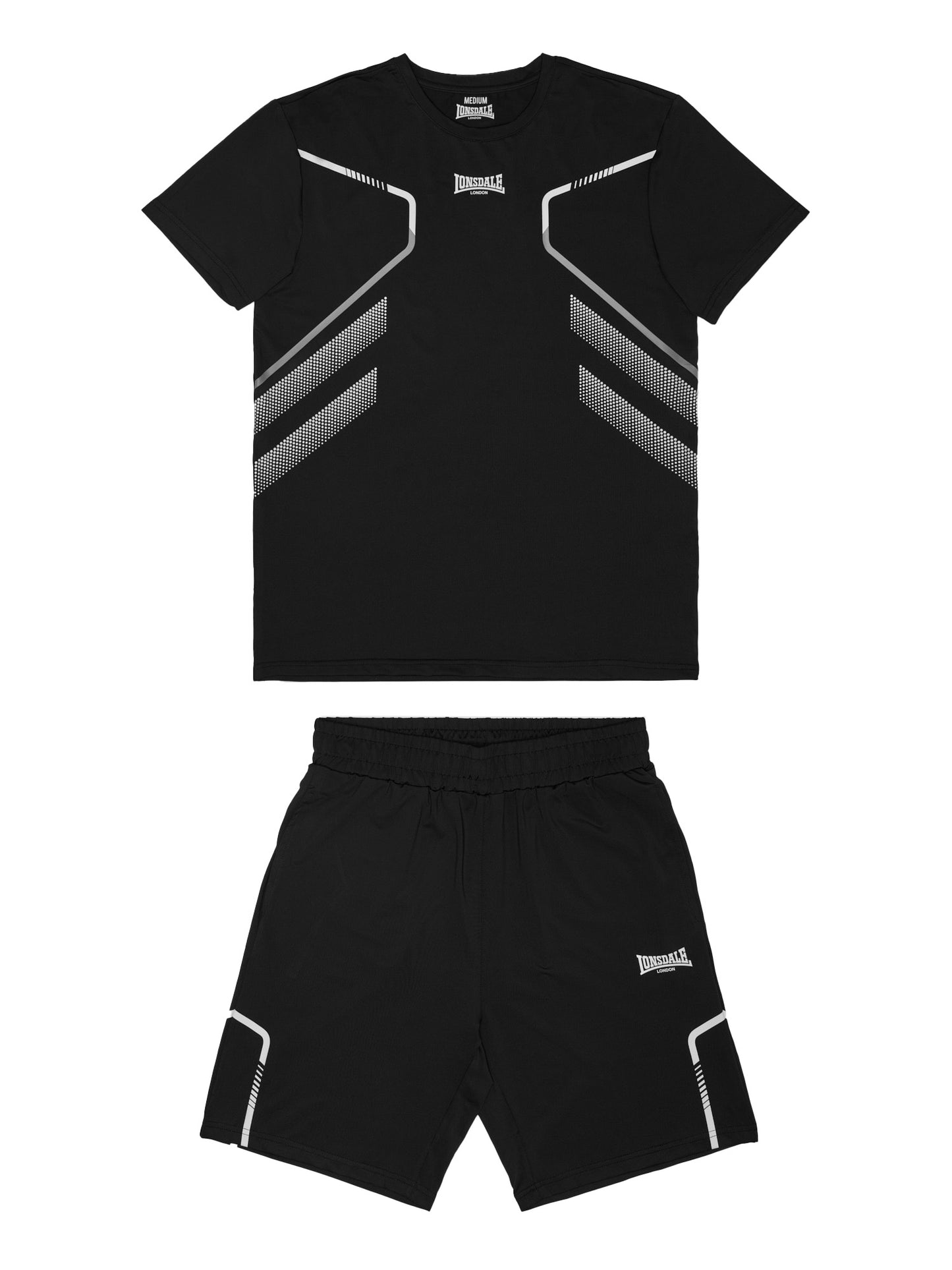Schwarzes Lonsdale Herren Sport-Set aus Funktionsshirt und Shorts mit dynamischem Print, normale Passform