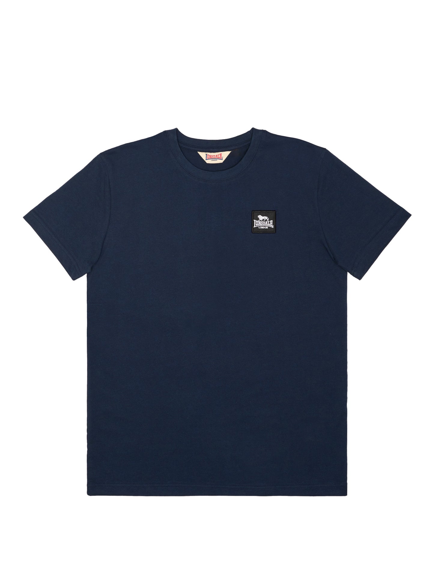Dunkelblaues Lonsdale Herren T-Shirt in normaler Passform mit Rippbündchen am Rundhalsausschnitt und kleinem, quadratischem Logo-Patch auf der linken Brust.