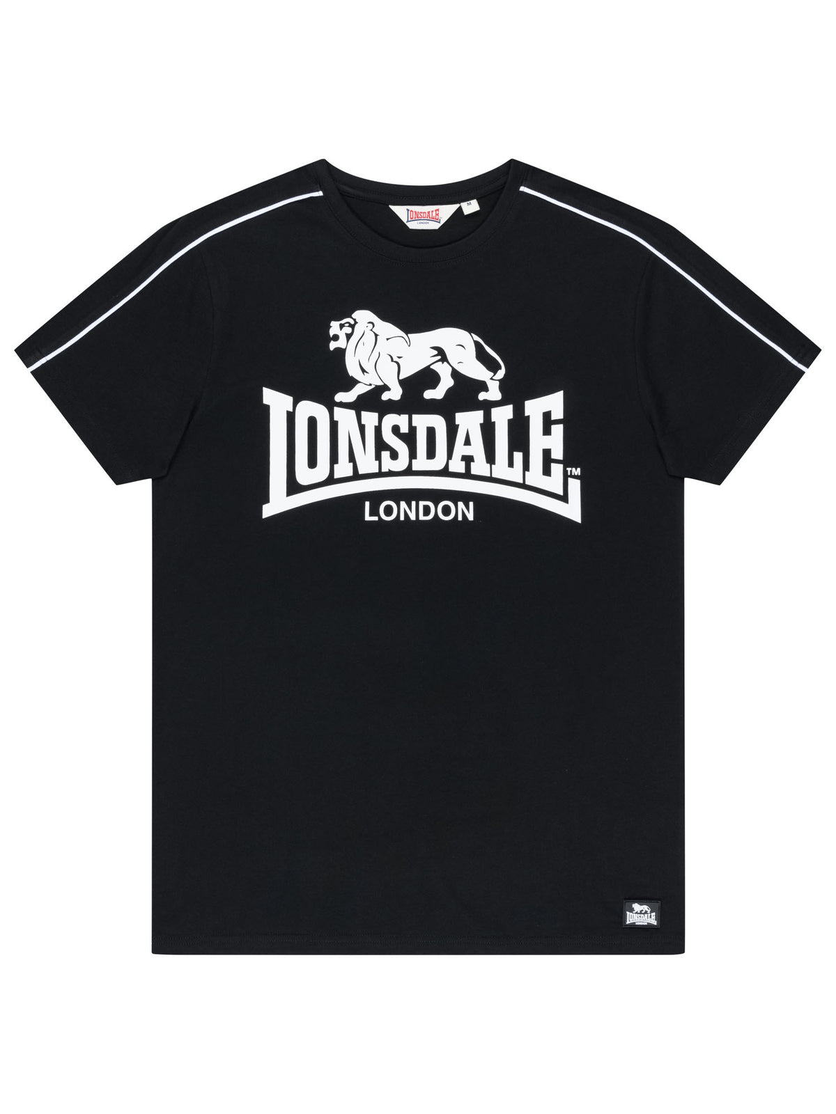 Schwarzes Lonsdale Herren T-Shirt in normaler Passform mit grossem Logo-Brustprint und weissen Paspeln an den Ärmeln.