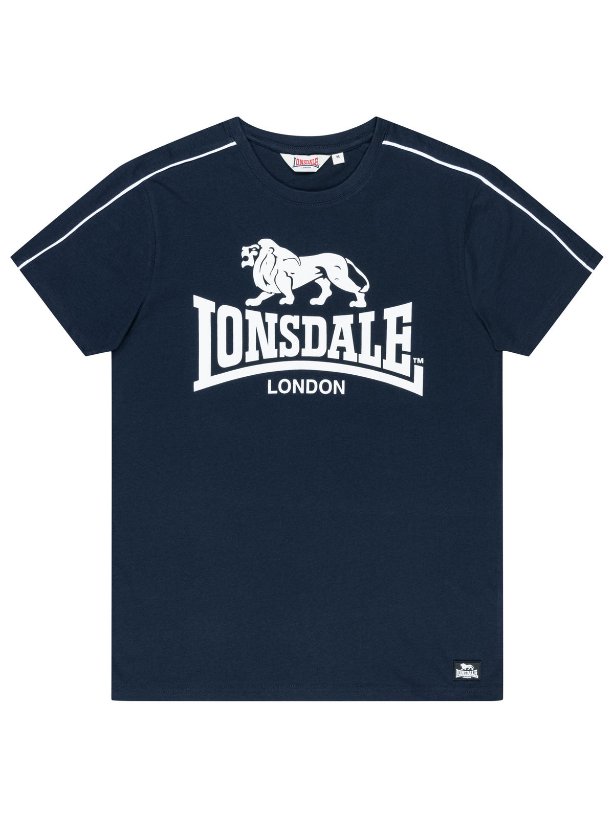 Lonsdale Herren T-Shirt in Dark Navy mit grossem Logo-Brustprint und weissen Paspeln an den Ärmeln.