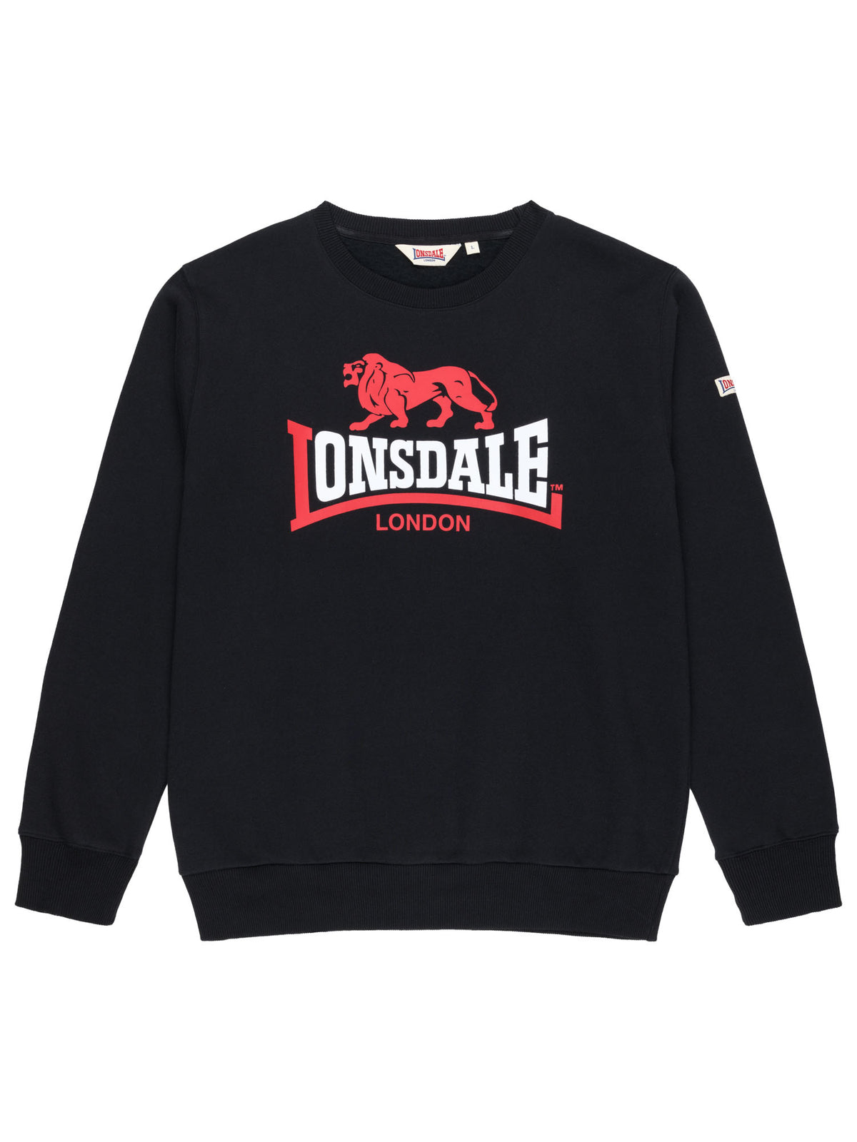 Schwarzes Lonsdale Herren-Sweatshirt mit grossem rot-weissem Logo-Druck auf der Brust.
