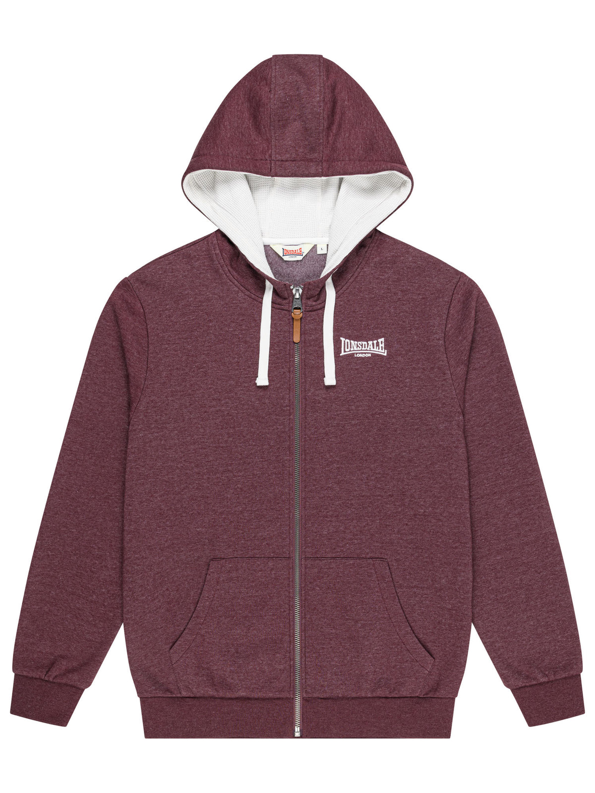 Weinrote Lonsdale Herren-Kapuzensweatjacke mit Reissverschluss und Logo-Stick.