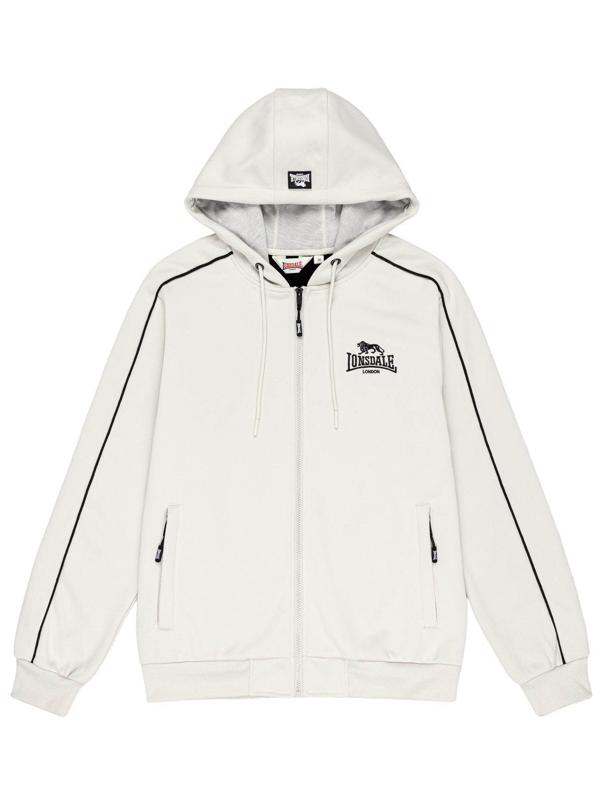 Lonsdale Herren-Kapuzensweatjacke in Off-White mit Reissverschluss, Logo-Stickerei und schwarzen Paspeln.