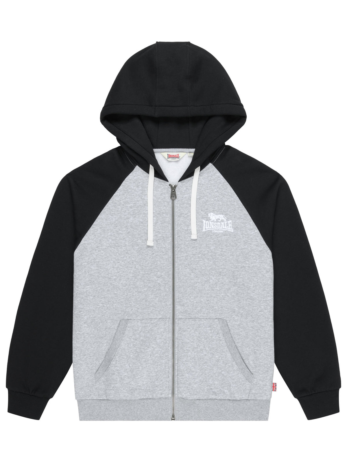 Lonsdale Herren Kapuzensweatjacke in Grau und Schwarz mit Reissverschluss und Logo-Stickerei.