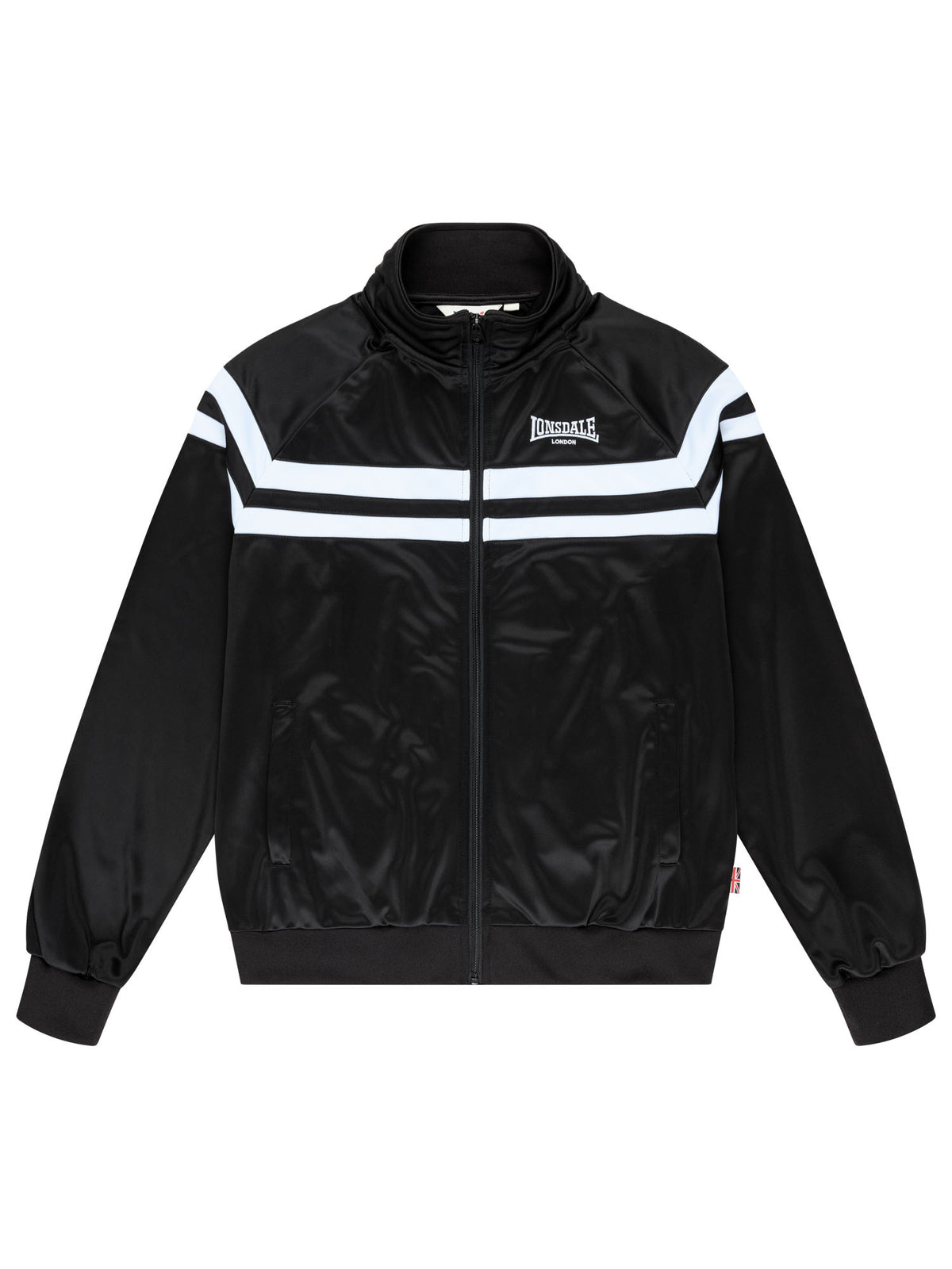 Schwarze Lonsdale Herren-Trainingsjacke in normaler Passform mit Reissverschluss, gesticktem Logo und weissen Kontraststreifen.