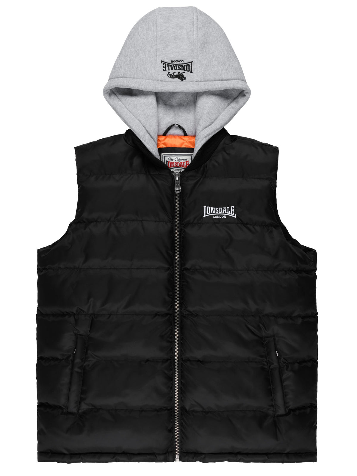 Schwarze Lonsdale Herren-Steppweste mit grauer Fleece-Kapuze und weissem Logo-Stick.