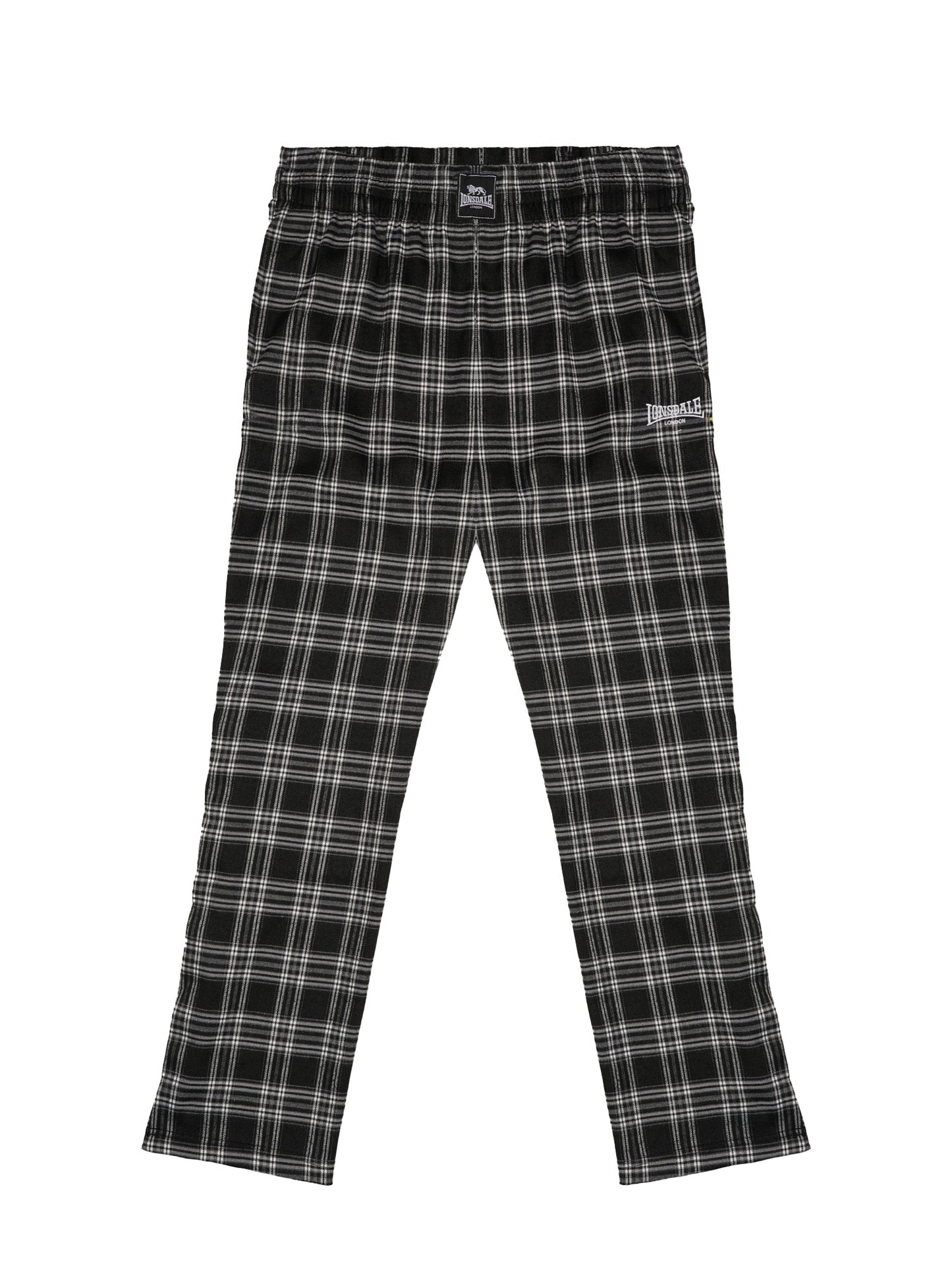 Karierte Lonsdale Herren-Hose in Schwarz-Tartan mit Logo-Print am Bein.